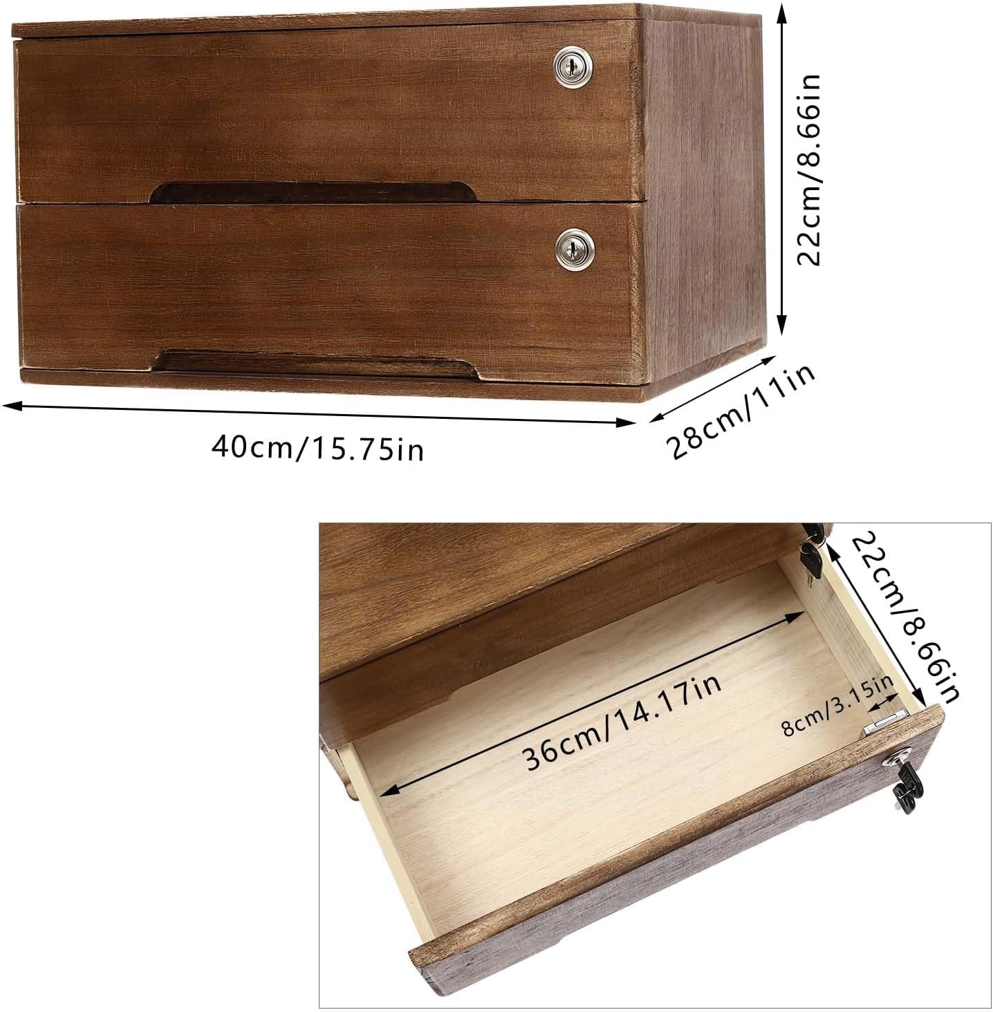 2-Drawer Wooden Desktop Storage Box with Lockable Drawers – Lockable, Walnut Wood Organizer with Minimalist Design, Ideal for Office, Study, and Home Use
