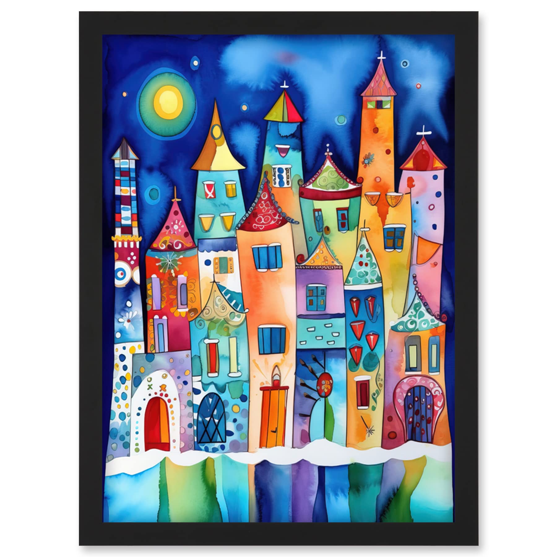 Artery8 Midnight Abstract Town Folk Art Artwork Framed Wall Art Print A4