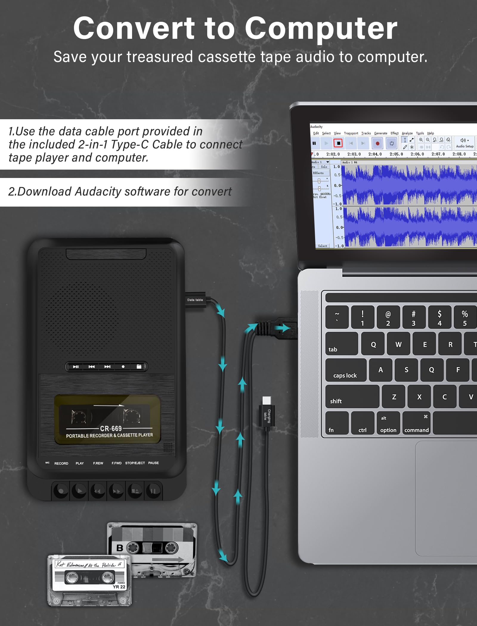 Gracioso Lecteur de cassette, lecteur de cassette portable en musique MP3 via disque U/carte SD ou PC, enregistrement sur cassettes/USB/carte SD via micro, lecteur de cassettes avec prise casque