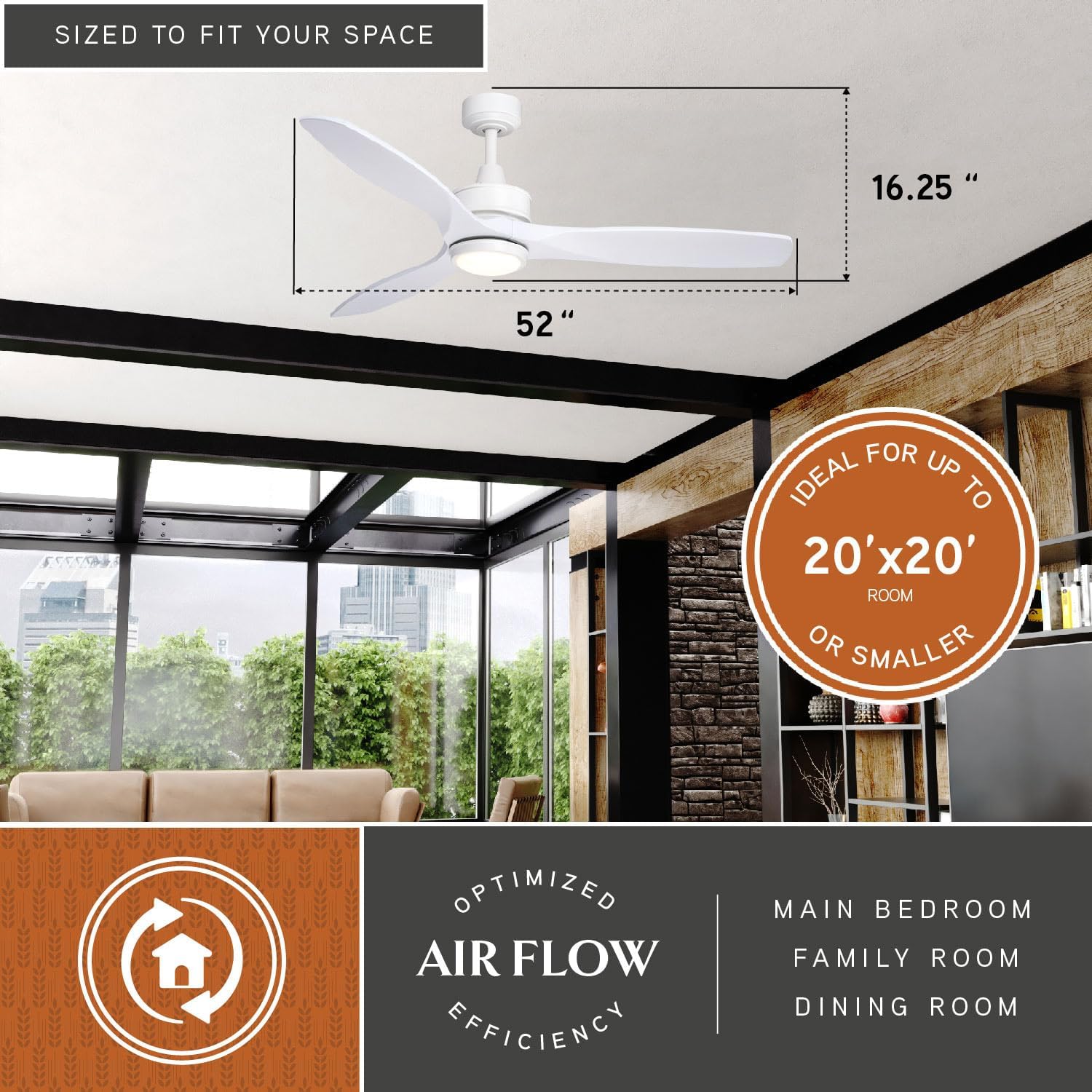 VAXCEL Curtiss 52 in. White Indoor Outdoor Rod Mount Contemporary Ceiling Fan with Wooden Blades, Dimmable Integrated LED Light Kit and Remote Control, 3 Speeds, Frosted Glass Shade