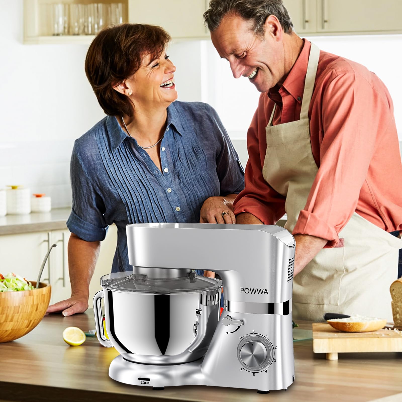 Küchenmaschine, POWWA 6,2 L Rührmaschine Knetmaschine, 6+1 Geschwindigkeit Teigmaschine,1500W Teigknetmaschine mit Schneebesen, Knethaken, Rührbesen & Spritzschutz zum Backen, Kuchen, Kekse