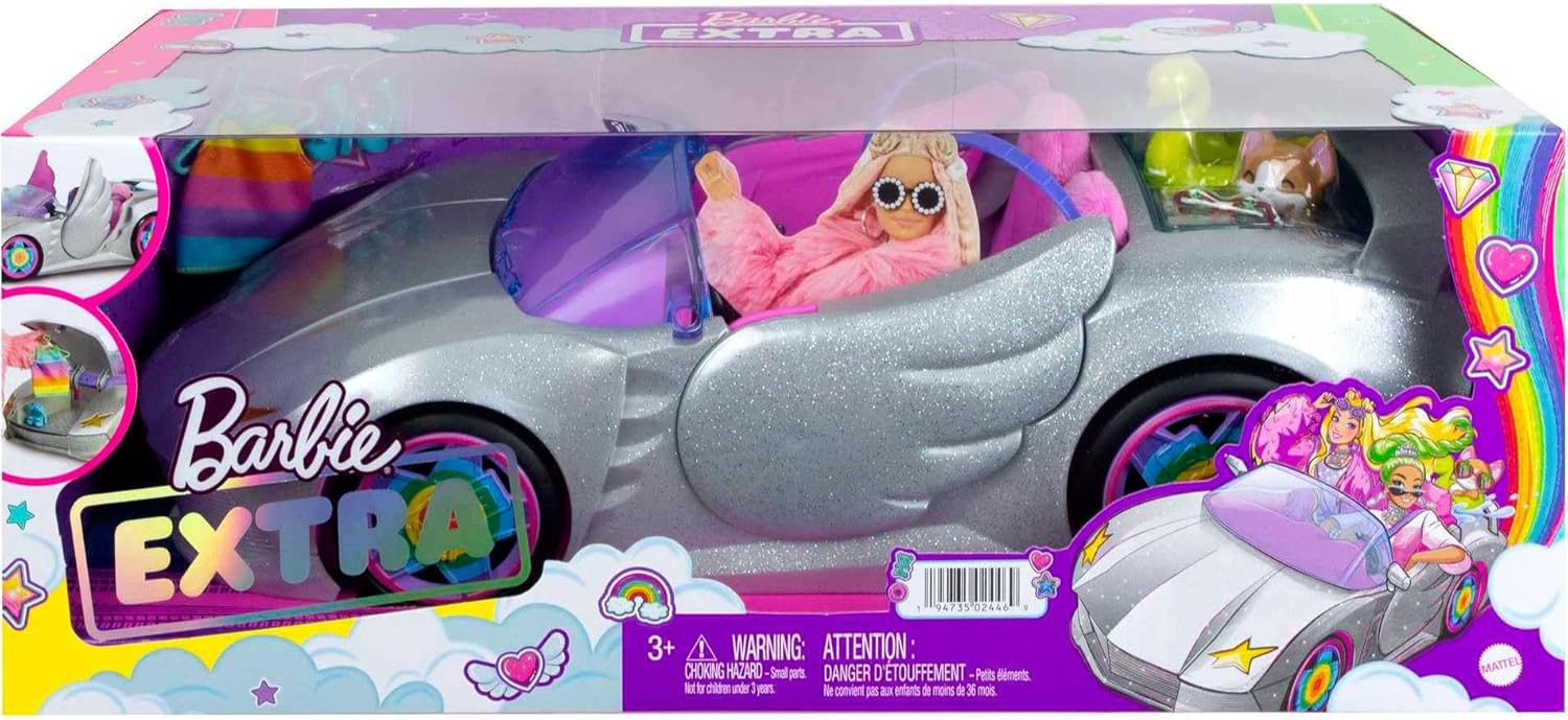 Barbie Extra Toy Car with Fashion Accessories & Puppy, Sparkly Silver 2-Seater Convertible with Hood Storage & Pet Pool, Sized for Fashion Dolls
