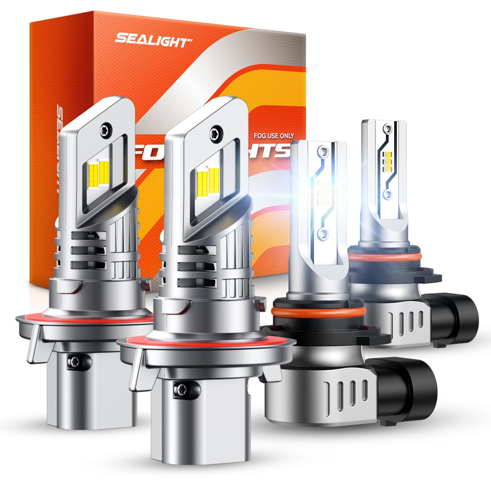 SEALIGHT H13 H10 LED Bulbs Combo, 42000LM 6500K Plug &amp; Play, 1:1 Mini Fan Cooling IP68 – 4 PACK