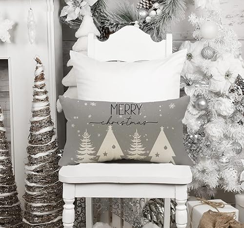 Miniatura 6 de Juego de 4 fundas de almohada decorativas de Navidad de 12 x 20 pulgadas, diseño de rayas grises, Papá Noel, muñeco de nieve, copo de nieve, feliz