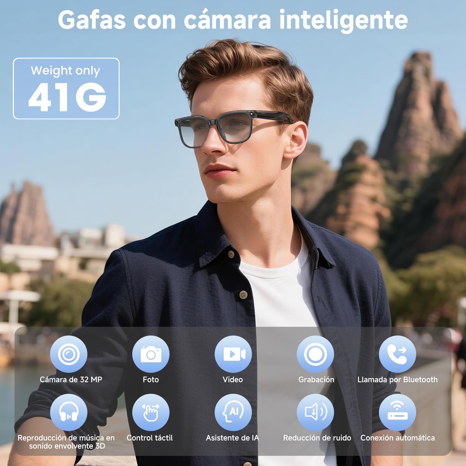 Gafas Inteligentes IA, Smart Glasses con Camara 4K, Dos Pares de Lentes, vídeo HD 1080p y Grabación de Audio con Estabilización de Imagen, Reproducción de Música y Traducción en Tiempo Real