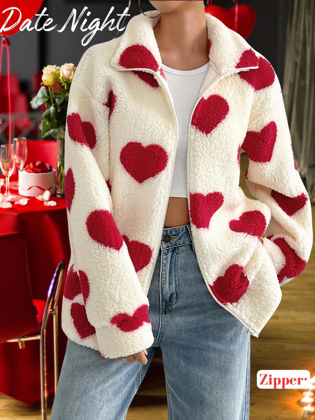 Heart Sherpa Jacket Women,Casual Zip Up Fuzzy Fleece Jackets,Cute Valentines Winter Coat With Pocket - Image 3