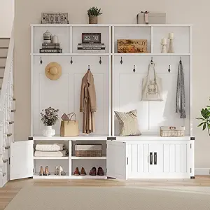 GarveeHome Hall Tree with Shoe Storage Bench, 4-in-1 Entryway Bench with Coat Rack & Adjustable Shlef & 2 Wood Door, Hall Tree with Metal Corner & 5 Tri-Hooks for Entryway,Bedroom, Living Room, White