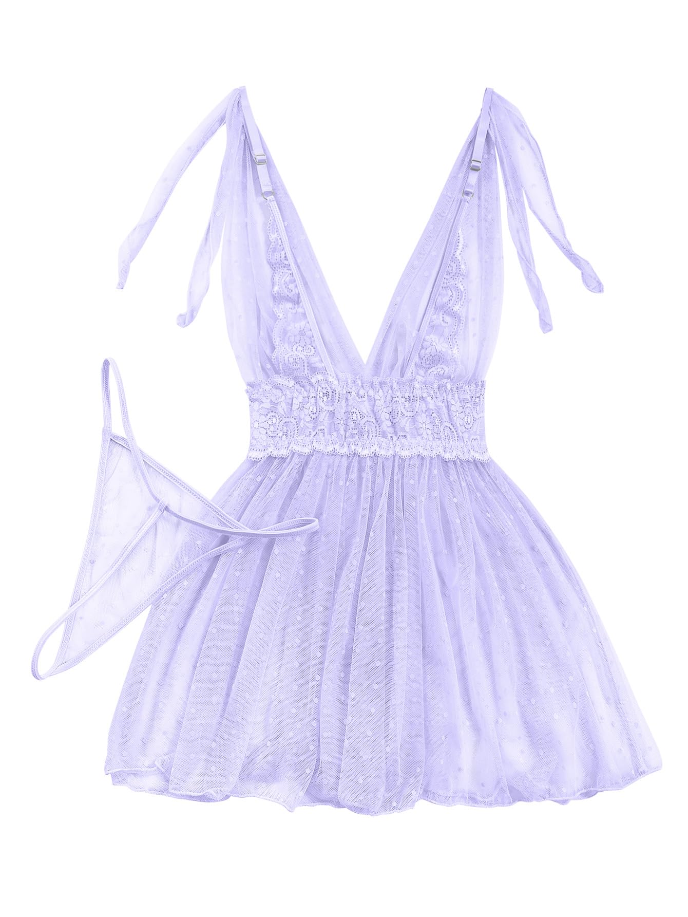 Lilosy Sexy Polka Dots Mesh Sheer Lace Babydoll Chemise Lingerie Set Floral Sleep Wear: Small Light Purple