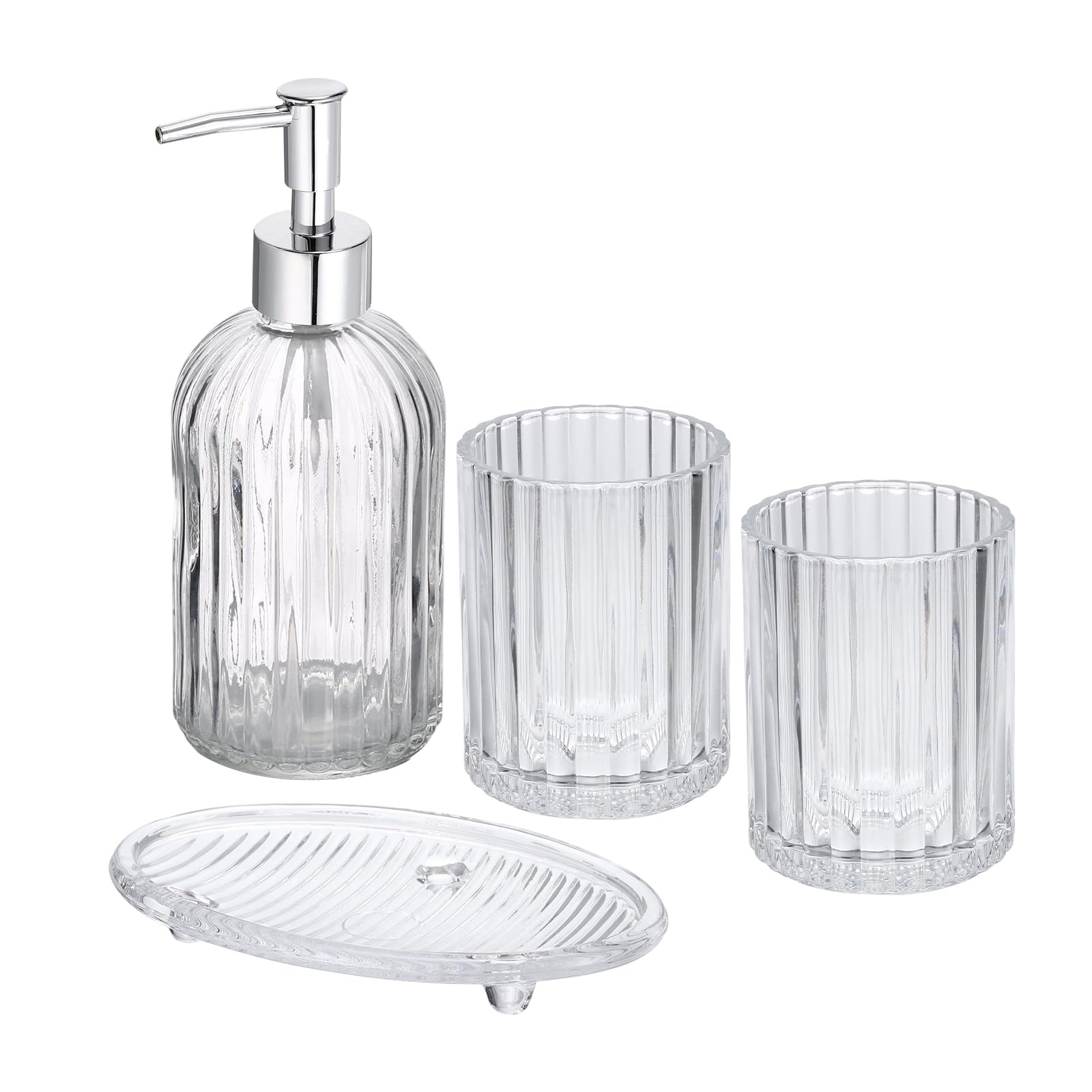 PATIKIL 4 Pcs Glass Bathroom Accessory Set, Vertical Stripes Clear Bathroom Accessories Set with Toothbrush Holder, Soap Dish, Tumbler, Soap Dispenser for Bath Storage Hotel Decor, Clear