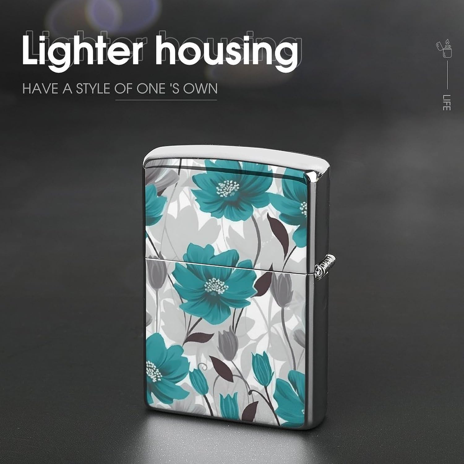 Teal Grey and White Floral Lighter Cover for Men, Personalized Lighter Case for Birthday Gift, Flip-Top Lighters Protective Cover, Portable Lighters Shell for Outdoor, Travel image 4