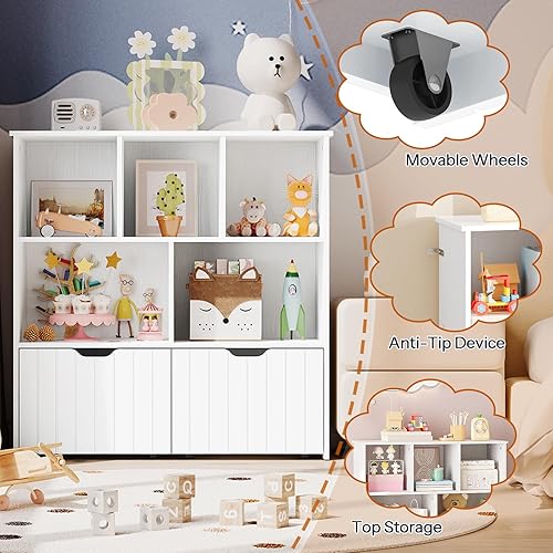 Miniatura 9 de HOOBRO Organizador de almacenamiento de juguetes, organizadores de juguetes y almacenamiento con 2 cajones móviles y 5 cubículos, estante de pecho