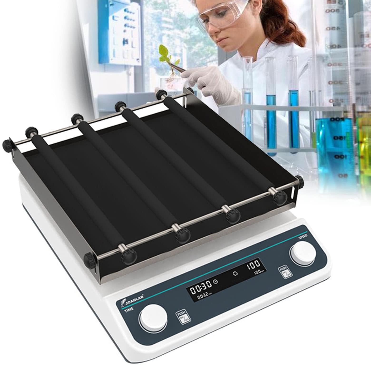 Agitador orbital digital, oscilador multiusos de laboratorio con velocidad ajustable, función de temporizador y plataforma de goma plana para experimentos y mezclas