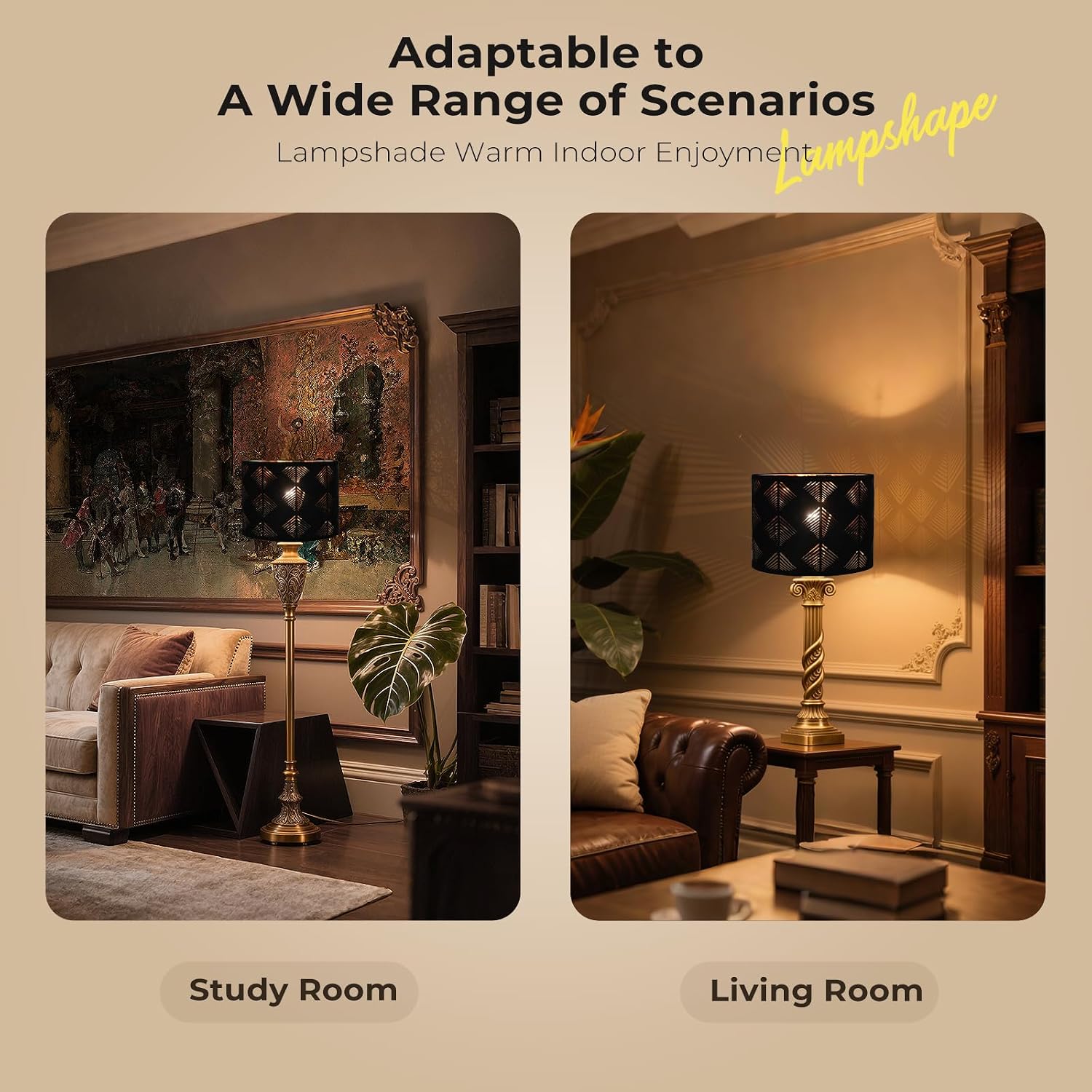 Fabric Lamp Shades 2 Pack - 13" Top x 13" Bottom x 10" High, Black and Gold Drum Lampshades for Table Lamps, Floor Lamps, Pendant Lights, Assembly Required Linen Replacement Lamp Spider