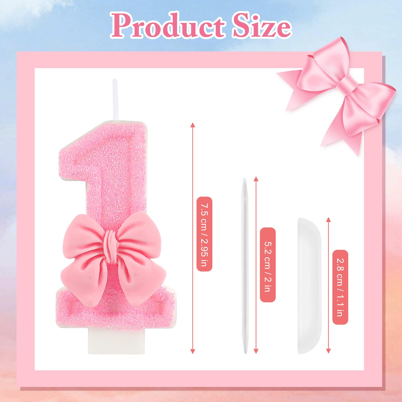 AKURIEEY Rosa 1. Geburtstag Kerze Schleife Zahlen 1 Kerze Kuchen Topper Cupcake Dekorationen Party Dekor für Mädchen und Frauen Jahrestag Feiern Supplies