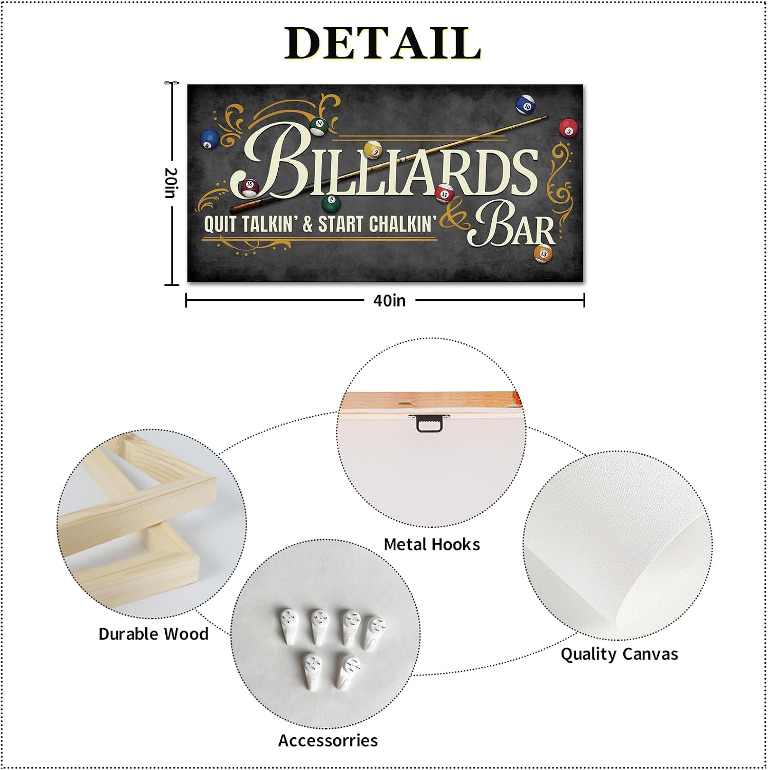iLOOKLiKE Billiards Bar Sign Wall Art Vintage Pool Table Billiard Balls Leisure Canvas Prints Snooker Sport Painting Picture for Game Room Man Cave Basement 20x40inch