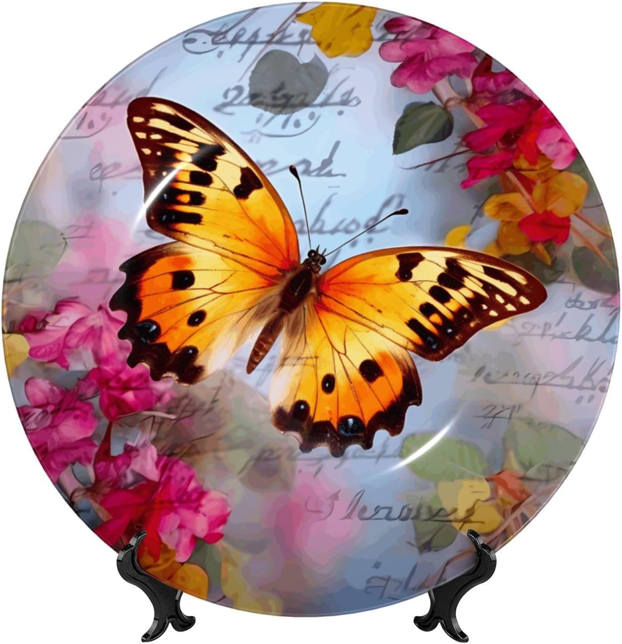 Bone China Decorative Plate with Display Butterfly Ceramic Plates Crafts Art Decor Dessert Plate Ceramic Ornament Porcelain Plates for Living Room Kitchen Table Home Decor