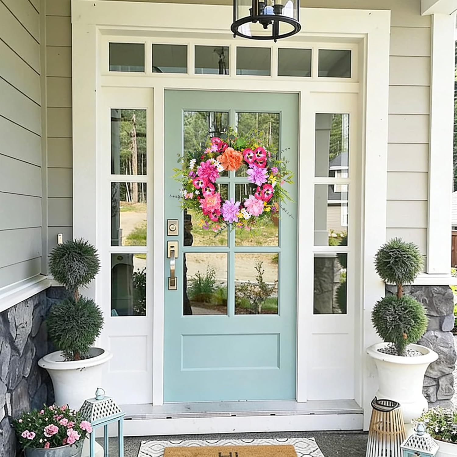 Spring and Summer Wreaths for Front Door 22 Inch Floral Door Wreath with Dahlia Daisy Eucalyptus Pink Purple Silk Flowers Wreath for Outside Indoor Home Wall Fireplace Wedding Easter Decor