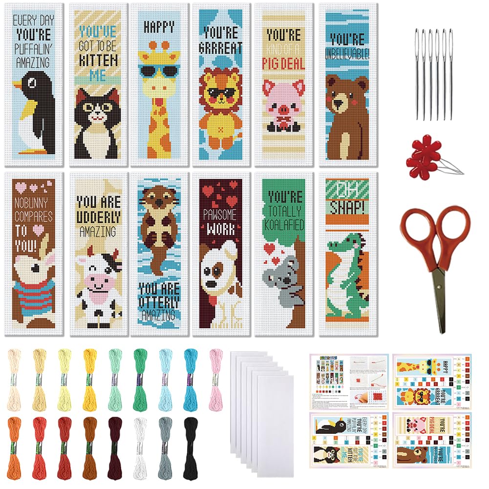FREEBLOSS 12 Set Cross Stitch Bookmark Kit 11CT DIY Cross Stitch Kits Animal Stamped Embroidery Kit with Instructions Bookmark Making Set for Adult Beginners 11CT 8x2.4inch