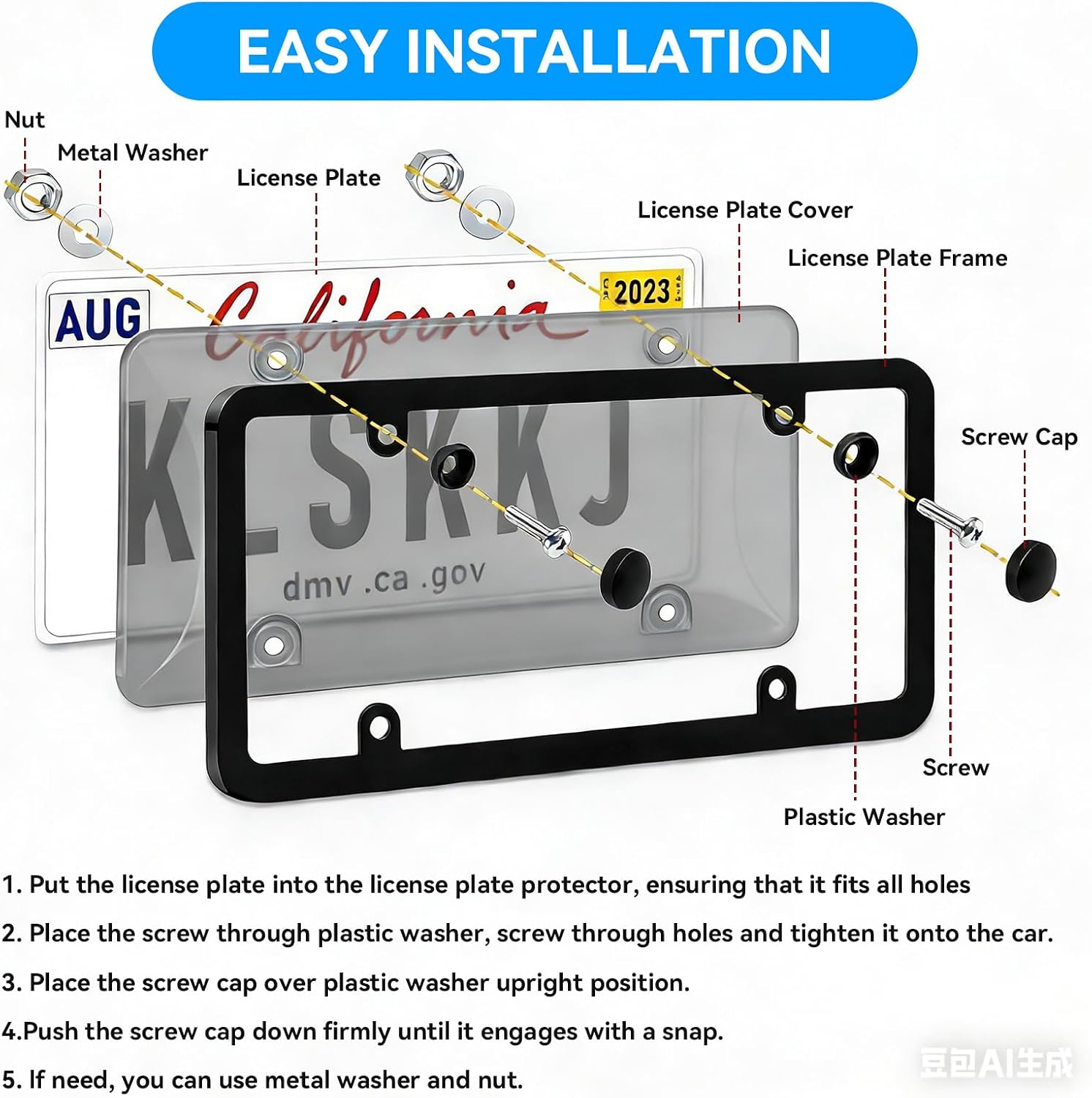 2 Pack Clear License Plate Covers, Unbreakable Anti-Yellowing Tag Protectors, Street Legal Universal Car Plate Holders with Hardware, Anti-Rattle Pads & Caps
