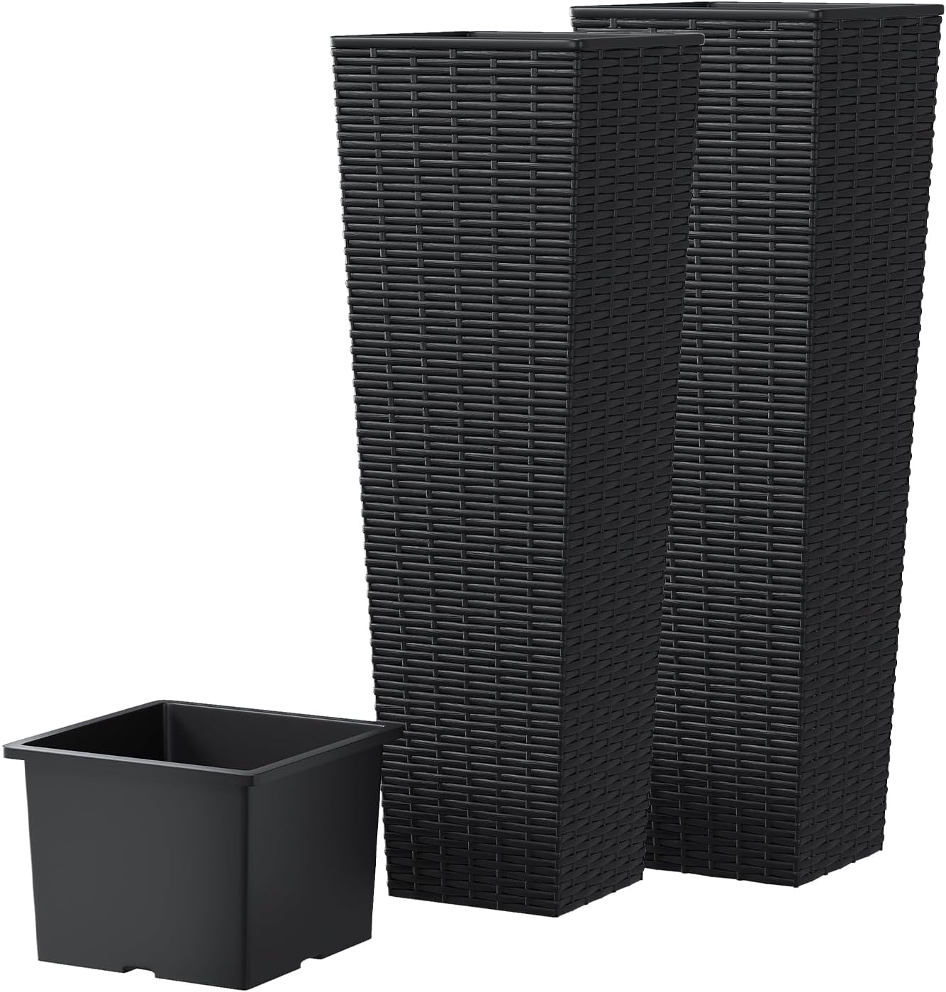 ITEFDTUTNE Tall Planters for Outdoor Plants Set of 2, 32" Front Porch Planters Tall Resin Planters with Rattan Texture Indoor Large Flower Pots for Trees, Patio, and Garden