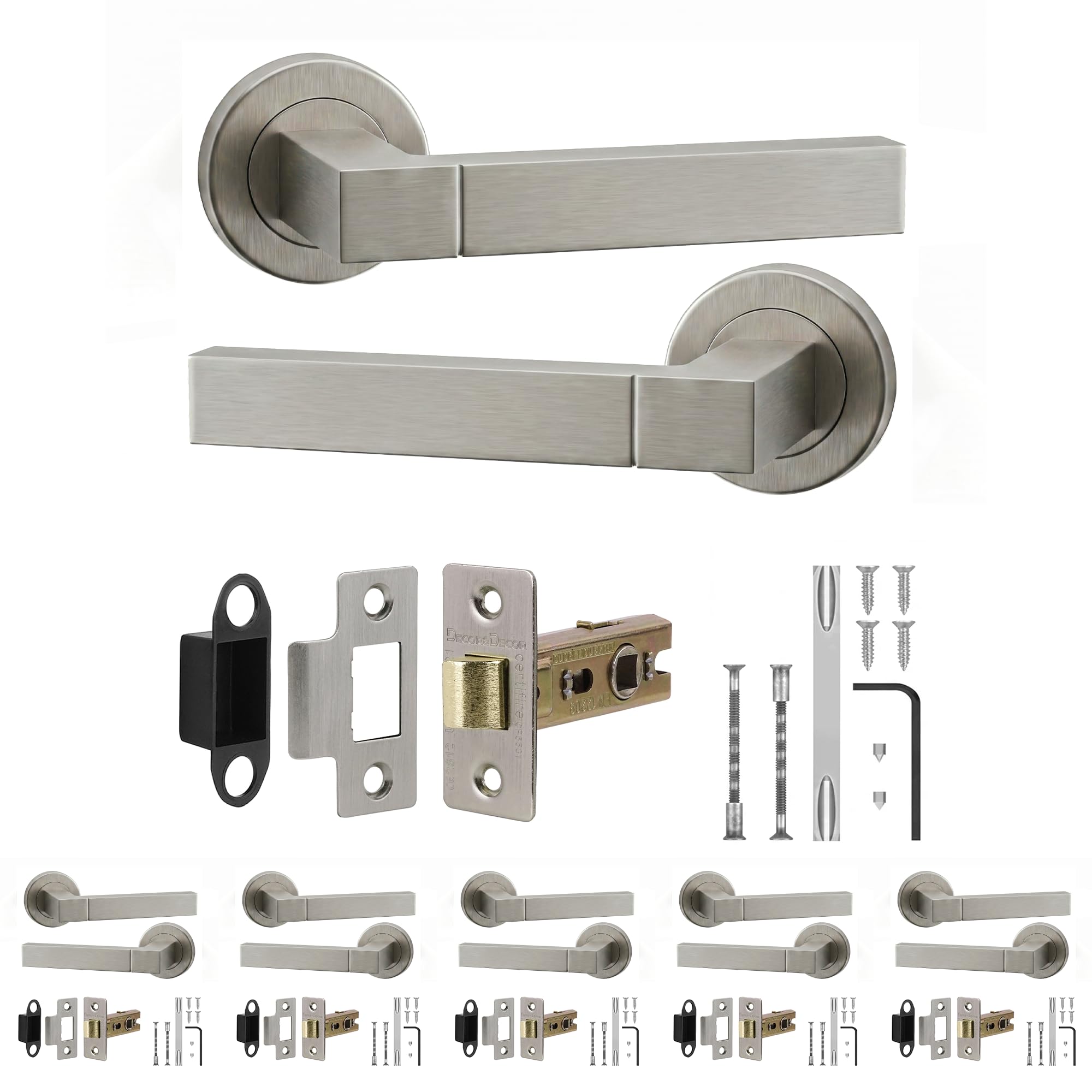 Decoranddecor Lumina Brushed Chrome Door Handles, Latch Kit 64mm 6 Pack