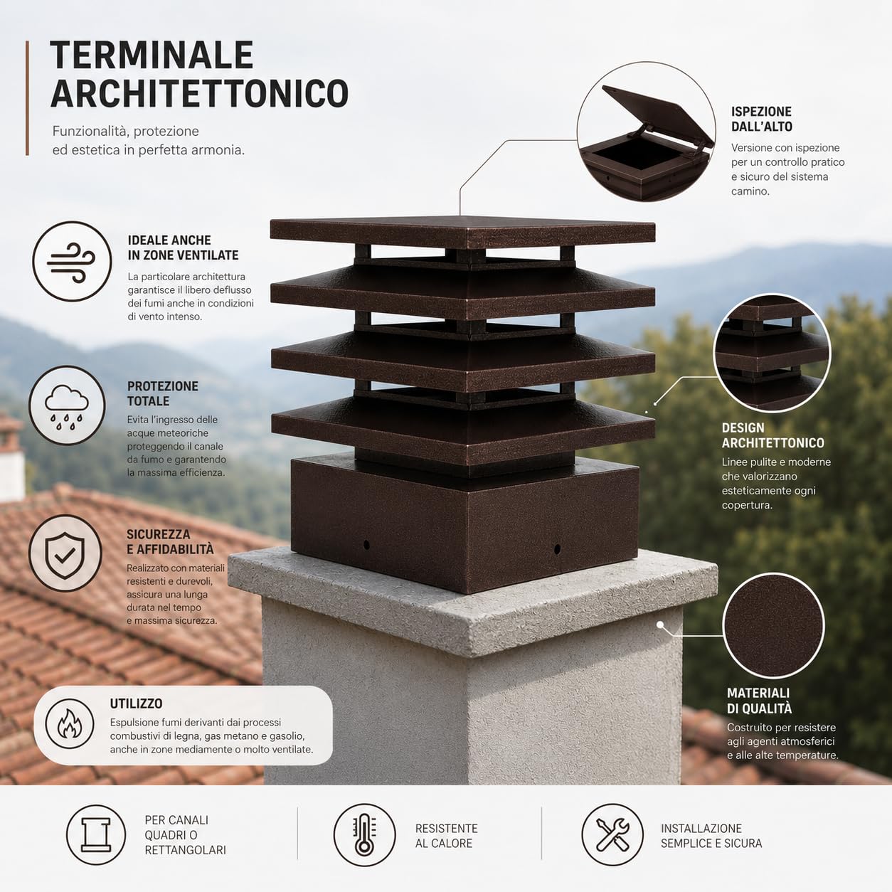 MAKA Comignolo Architettonico, Terminale per Canna Fumaria Camino Stufa a Legna Pellet e Gas, Cappello Antipioggia Design Architettonico (500x500 mm - TDM)