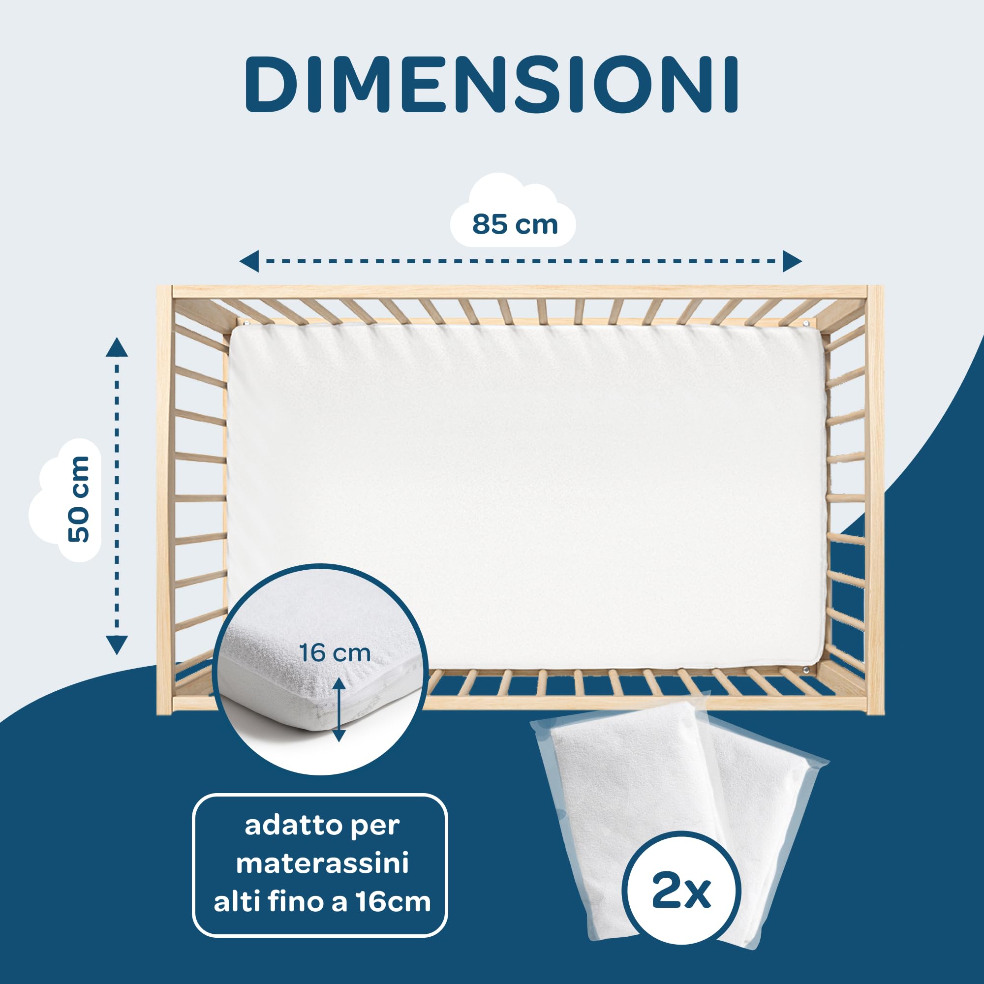 DolciSogni Coprimaterasso Lettino 50x85 cm Impermeabile (2 Pezzi) – Angoli Elasticizzati – Traspirante, Antibatterico e Morbido sulla Pelle – Lavabile fino a 60°C – Certificato OekoTex Made in Europe