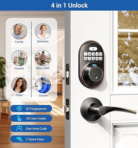 Miniatura 3 de Veise Cerradura de puerta de huellas dactilares con 2 manijas de palanca, cerradura de puerta de entrada sin llave, cerradura de puerta con teclado