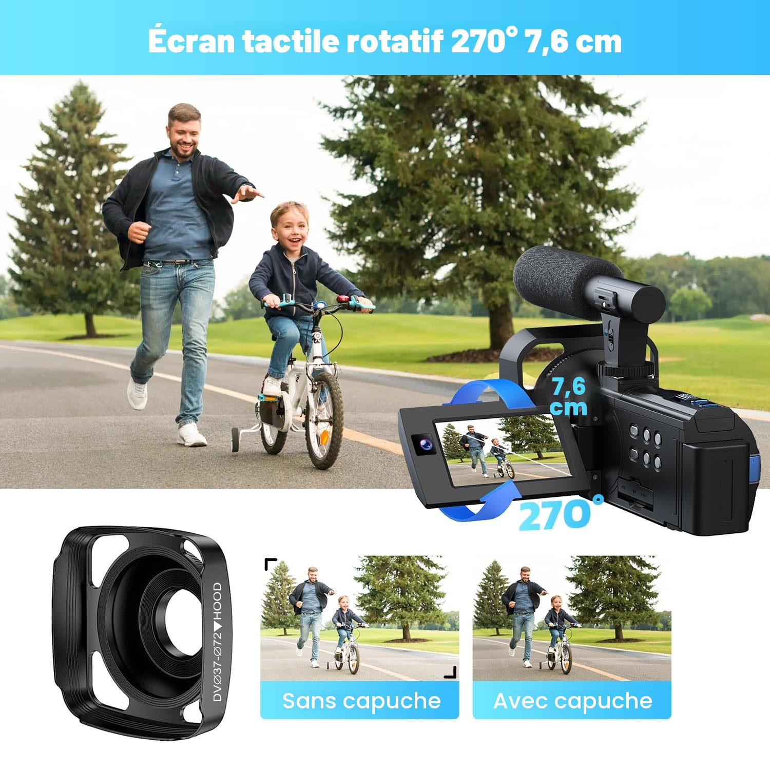 Caméra vidéo 5K 56MP Caméscope Double Objectif, WiFi 16X Youtube Vlog Caméra, 3" Rotatif à 270° Vision Nocturne Video Camera avec 2 Piles,Carte 64 Go,Microphone,trépied