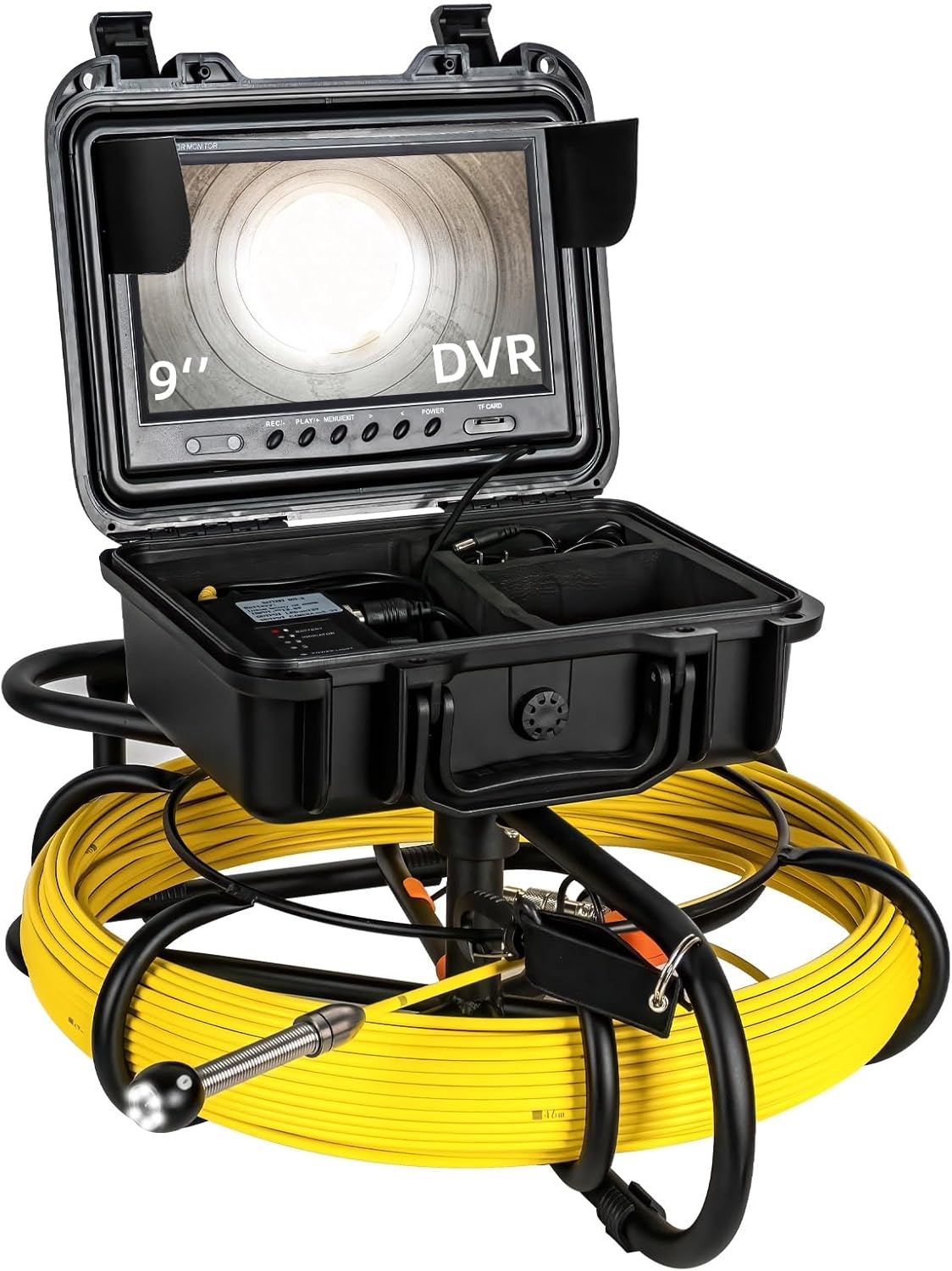 150 FT Sewer Camera,W/ 9'' HD 16GB DVR Screen,Big Spool(Easier to Push Cable),Distance Counter, JQKJCAM 17MM Drain Snake Sewer Inspection Camera with Light for Pipes (50M/165FT)
