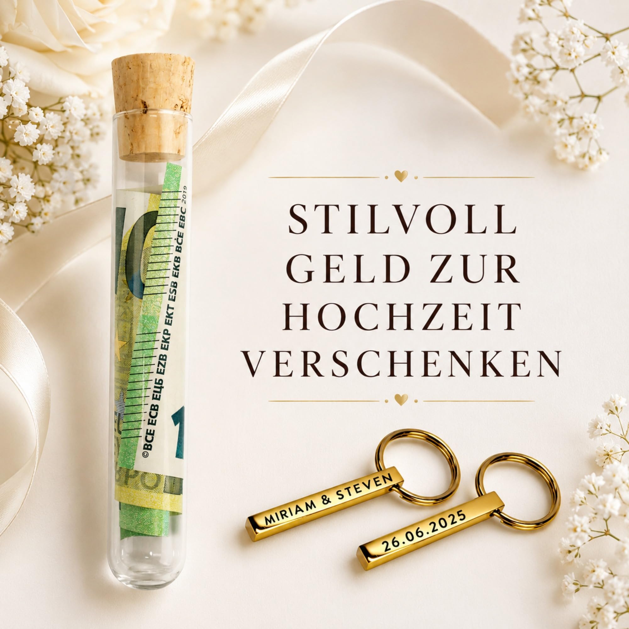 Geldgeschenk Hochzeit, Holzbox mit Schlüsselanhänger, Gravur