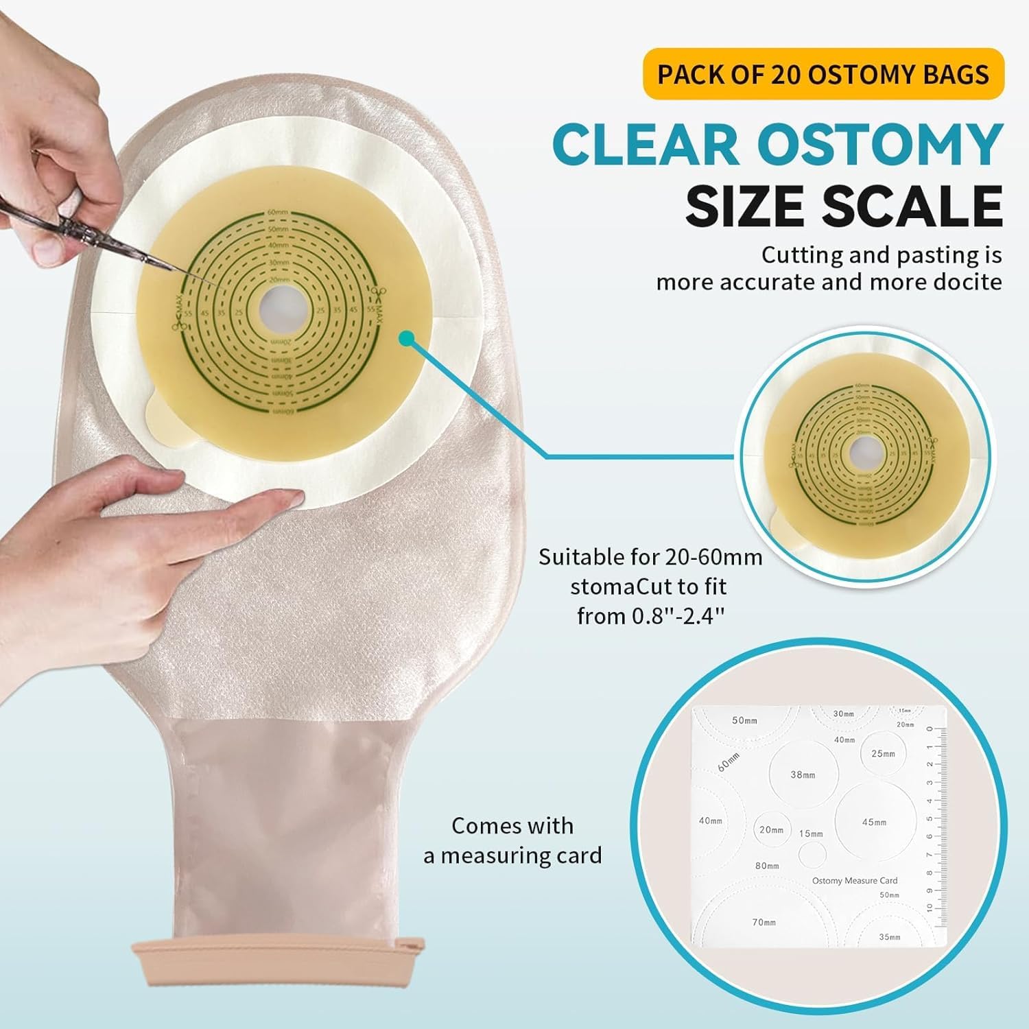 Colostomy Bags, One Piece Ostomy Pouch Ostomy Supplies, 20mm-60mm Cut-to-Fit Drainable Pouches with 4 Clips Closure for Ileostomy Stoma Care (40PCS)