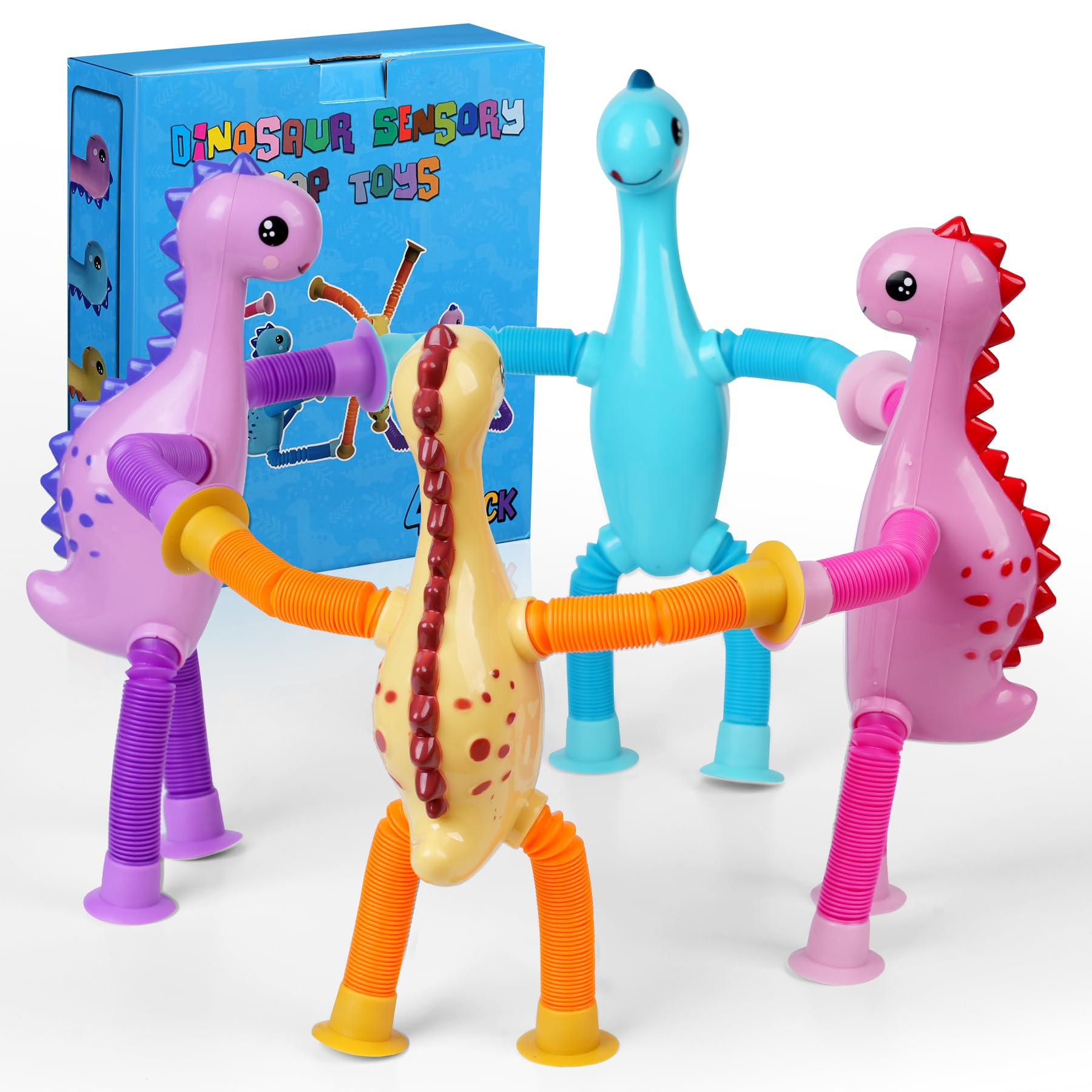 4Pcs Dinosaur Pop Sensory Tubes,Airplane Travel Fidget Toys for Toddlers Boys Girls ADHD Autism Plane Road Trip Activities Essential Suction Cup Pop Dino Fidget Toys Autistic Gifts