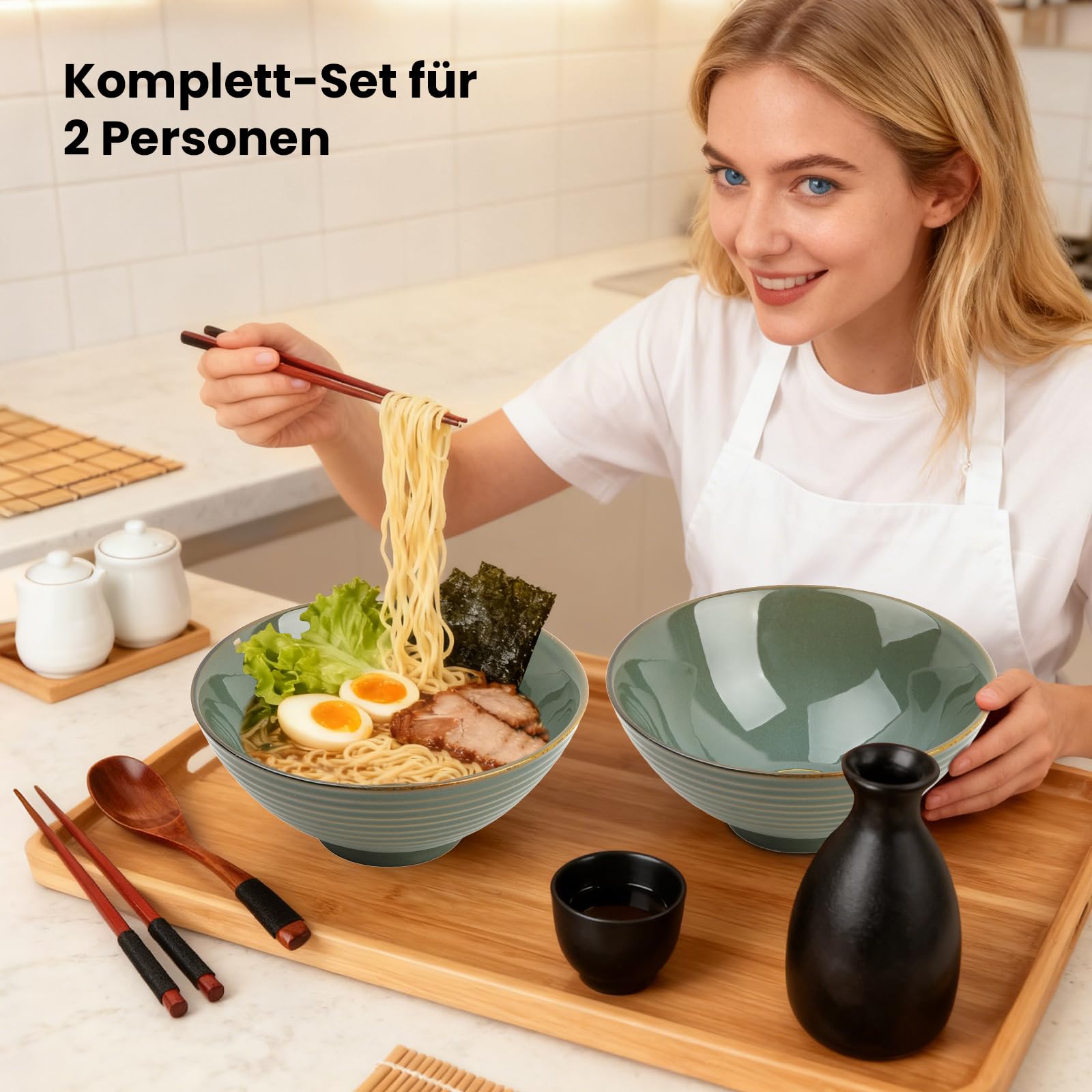 GEEKHOM Ramen Juego de 2 cuencos japoneses de cerámica con palillos y cuchara de madera de 1200 ml, grande, microondas y lavavajillas para pasta, sopa, pho, ensalada