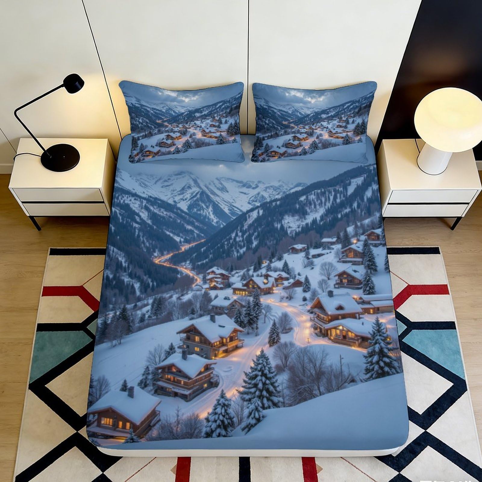 3D Printed Snowy Mountain Village Fitted Sheet Microfiber Soft Durable Winter Landscape Bed Cover for Bedroom Dormitory Guest Room Mattress Protection 180x200x25cm