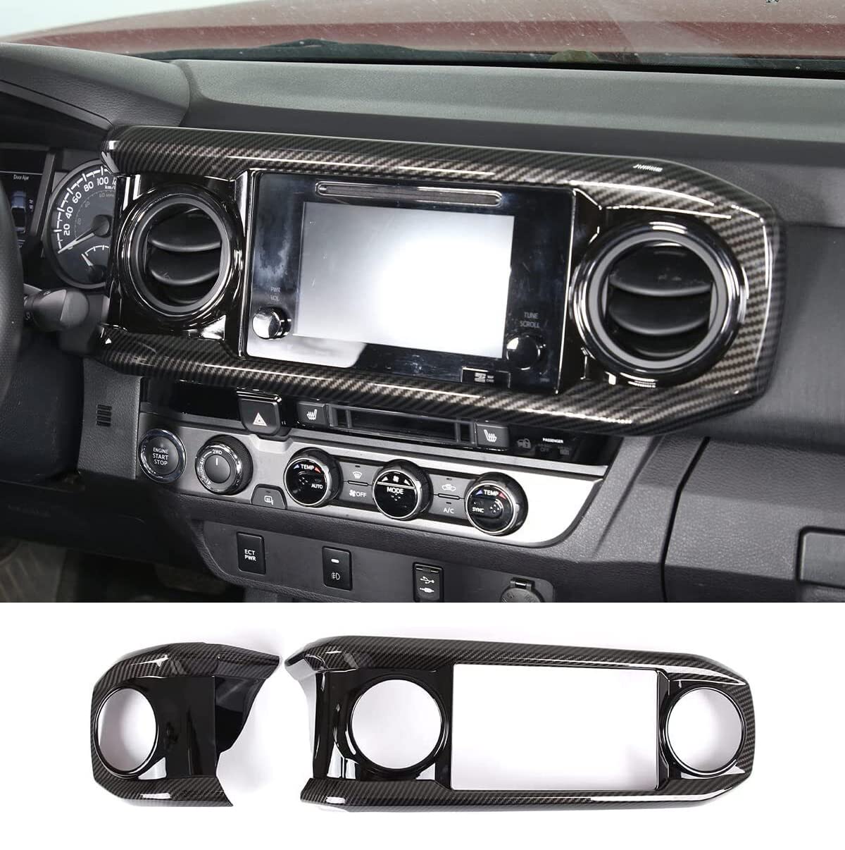 Photo 1 of ERIDANUS Central Console Dashboard Decoration Panel Cover Trim for Toyota Tacoma 2023 2022 2021 2020 2019 2018 2017 2016 (Carbon Fiber) ABS 2 PCS Carbon Fiber Style