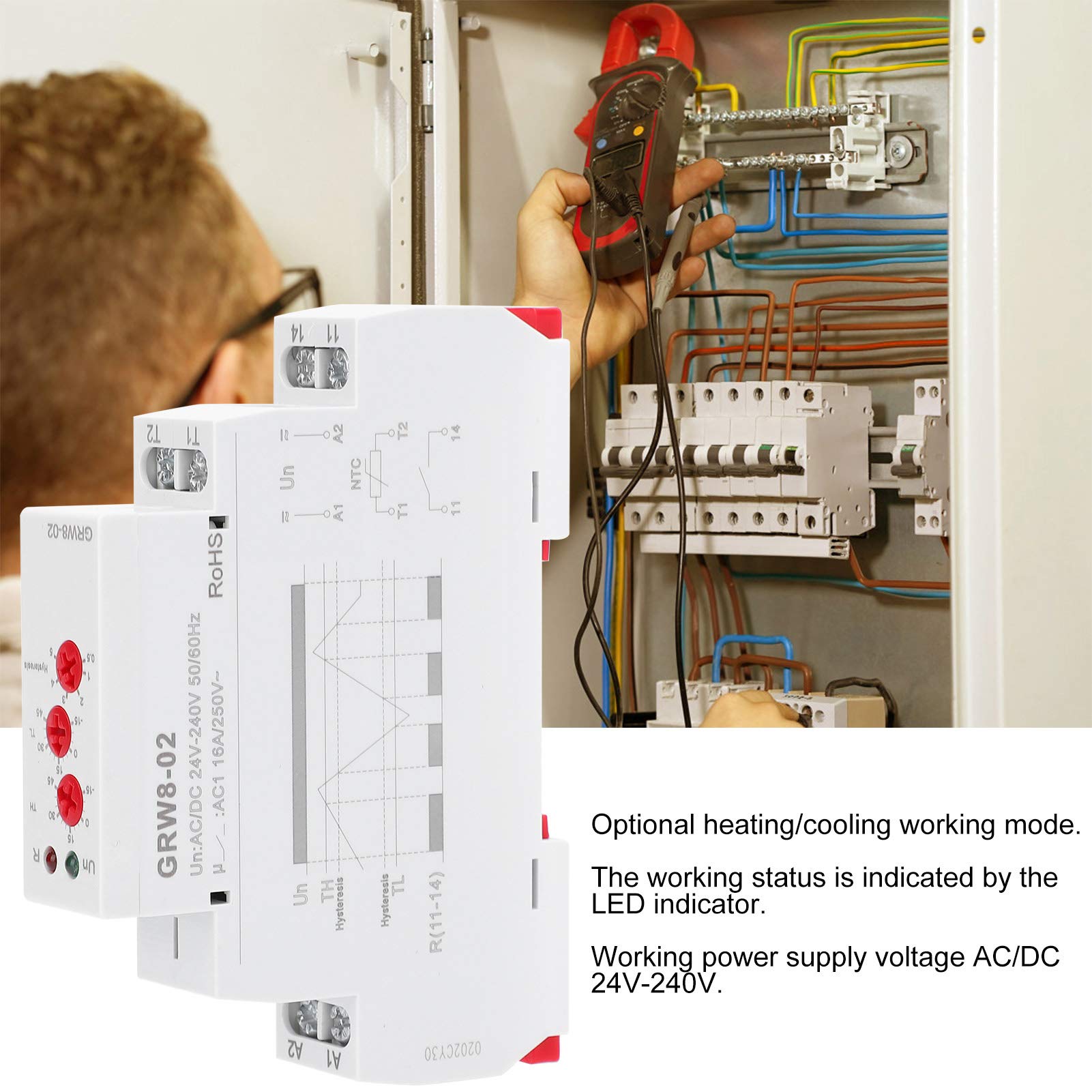 Relé de control de temperatura, CA/CC 24 V-240 V Instalación en carril DIN Controlador de temperatura con sonda de prueba GRW8-02