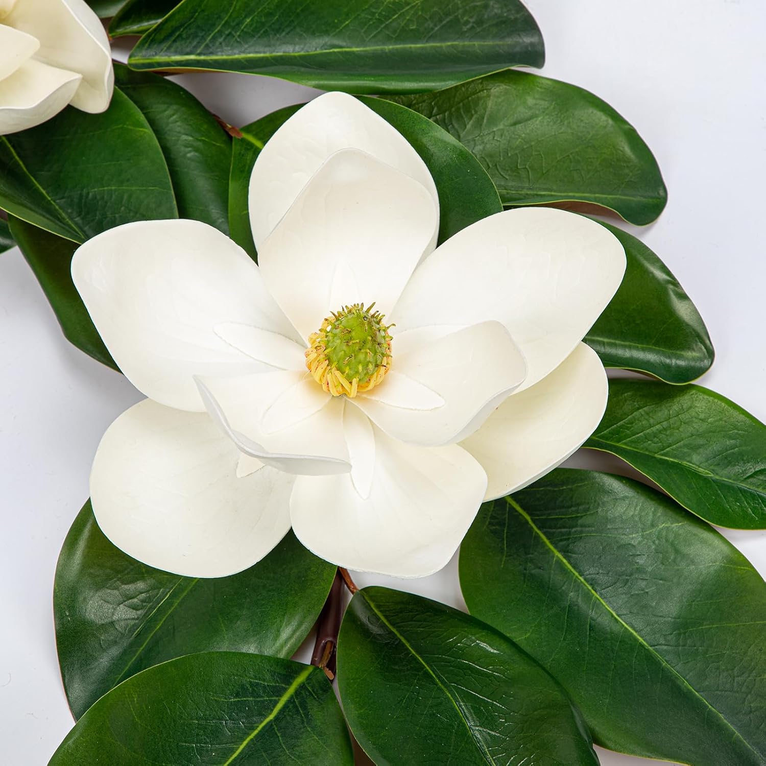 Artificial Magnolia Garland 5FT – Real Touch Flowers & Greenery Vine for Wedding Arch, Mantel, Table, Indoor Decor – Faux Magnolia Leaf Garland (White Flowers)