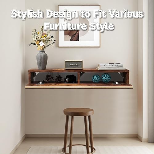 Miniatura 3 de Mesa consola flotante de madera maciza, mesa de entrada estrecha montada en la pared de 32 pulgadas con estante de almacenamiento, estantes modernos