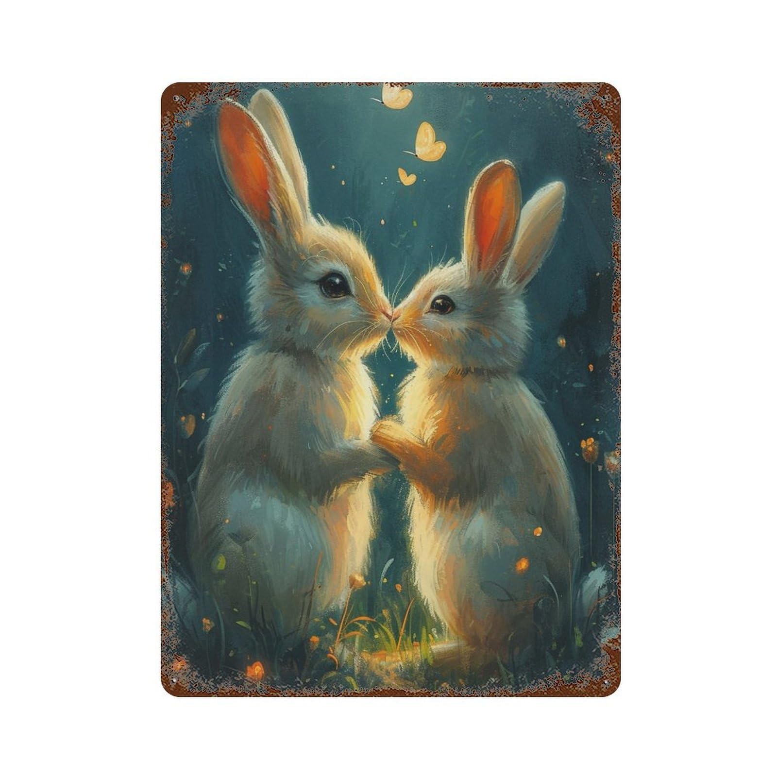 Garage Style Romantic Bunny Kisses Decorative Tin Sign 15.7"x11.8", Retro Wall Decor for Bar And Workshop