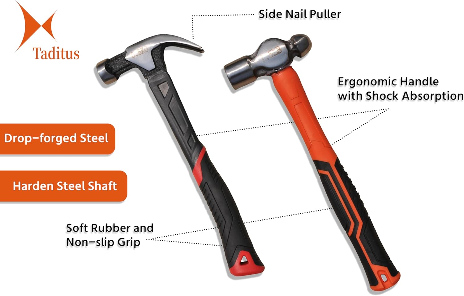 2-pack Hammer Set, TPR Ball Peen Hammer 32OZ, TPR Curved Claw Hammer 26OZ