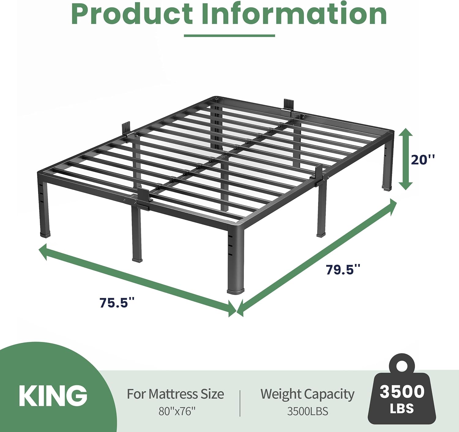 NKZ 20 Inch Metal Platform Bed Frame, King Size Bed Frame with Round Corner Legs, 3,500 lbs Heavy Duty Steel Slats Support, No Box Spring Needed, Easy Assembly, Noise Free