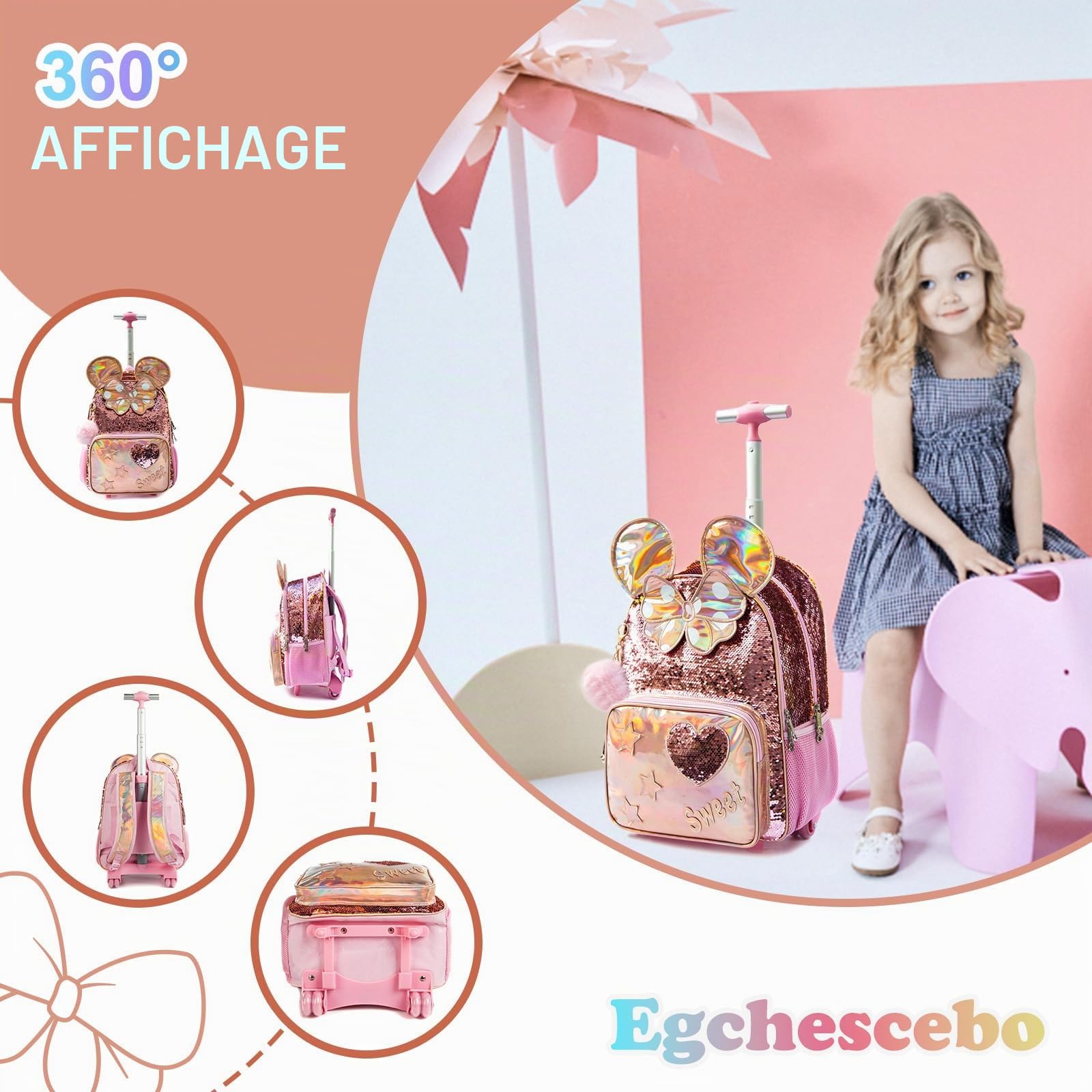 Sac a Dos Grandes Oreilles Enfant Roulette Fille Primaire Valise École Maternelle Sacs à D'école pour Voyage Cabine de Bagages 3PCS Ensemble Grand Cartable Étudiant Simple Perles Champagne