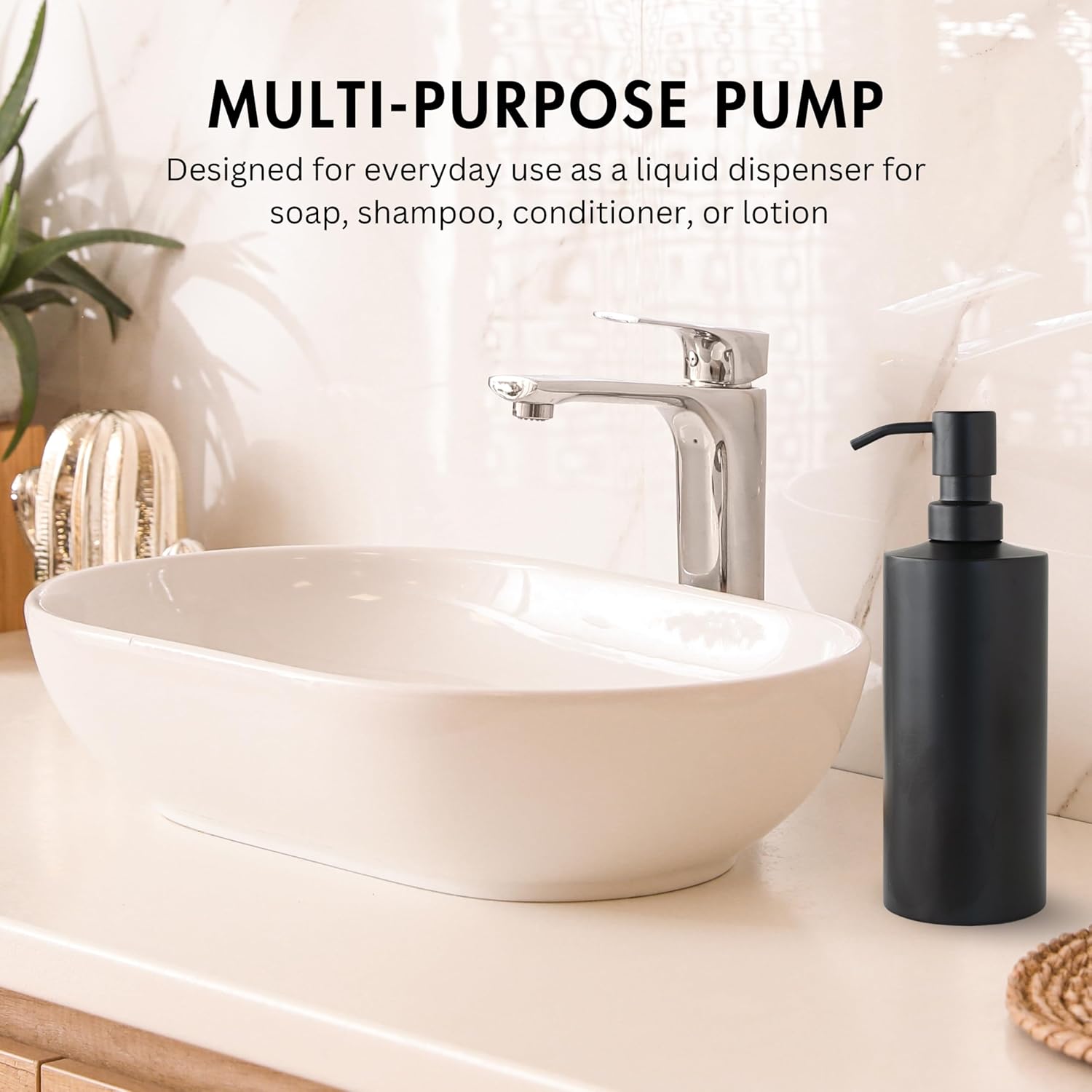Black Soap Dispenser for Kitchen & Bathroom – 15 oz Refillable Resin Pump Bottle for Dish Soap, Hand Soap, Shampoo, Conditioner – Modern Countertop Dispenser with Non-Slip Protective Pads - Image 2