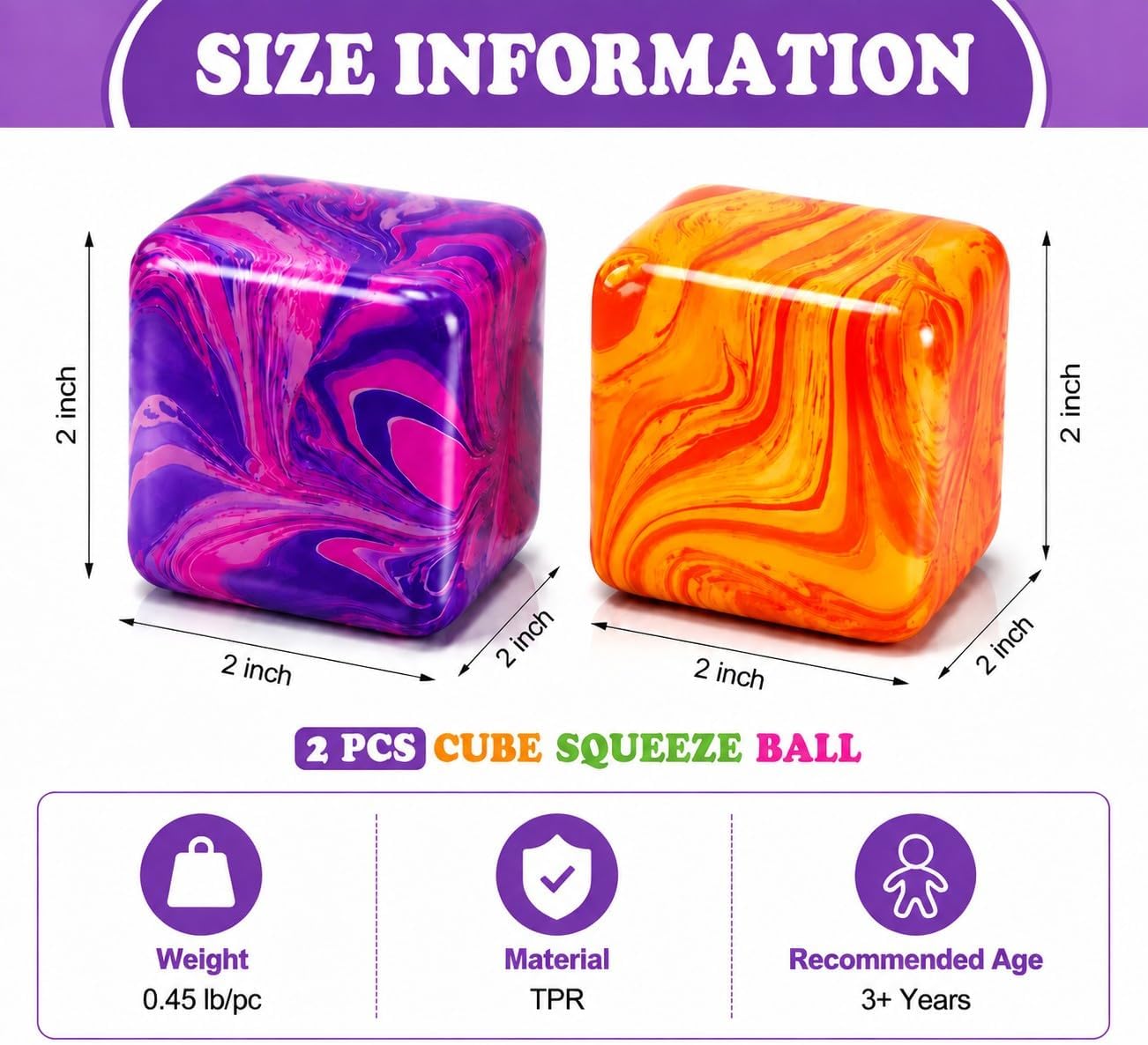 2 Pack Squishy Cube Stress Relief Squeeze Cube, Soft Squishy Cube for Adults, Colorful Marble Gel-Look Hand Fidget, Tactile Desk Accessory for Office Home Relaxation, Purple Orange