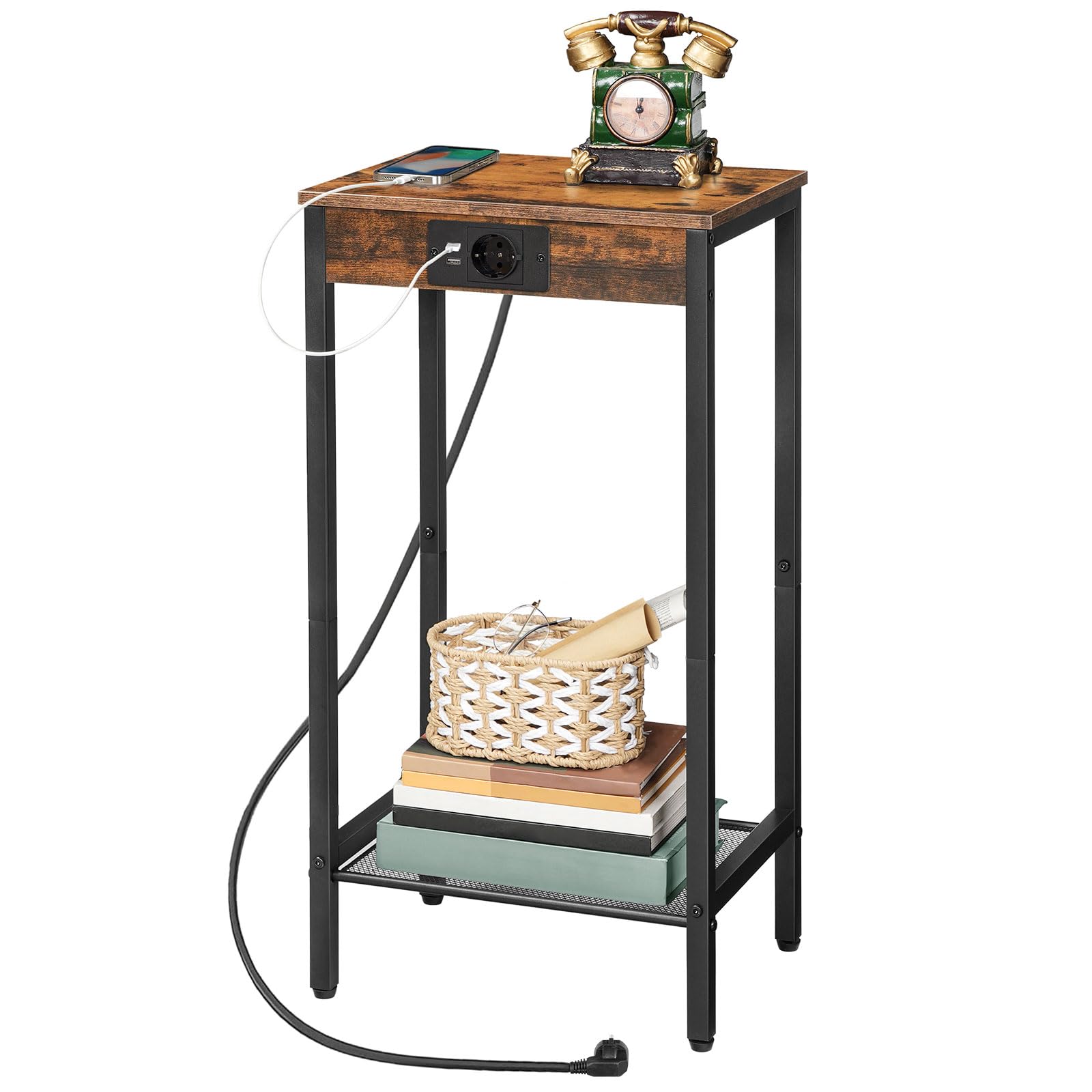 HOOBRO Mesa de Centro Alta con Estación de Carga, Mesa de Teléfono de 2 Niveles con Estante de Malla, Mesa de Sofá Estrecha con Puerto USB y Enchufe, Marrón Rústico y Negro EBF08CDH01