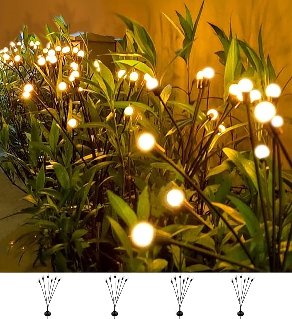 4Count Solar Lights Outdoor Waterproof IPX5, Solar Garden Lights Wind Swaying Lights, Firefly Light Outdoor Solar, Outdoor Christmas Lights, for Yard Lawn Pathway Decoration Lighting, WarmYellow