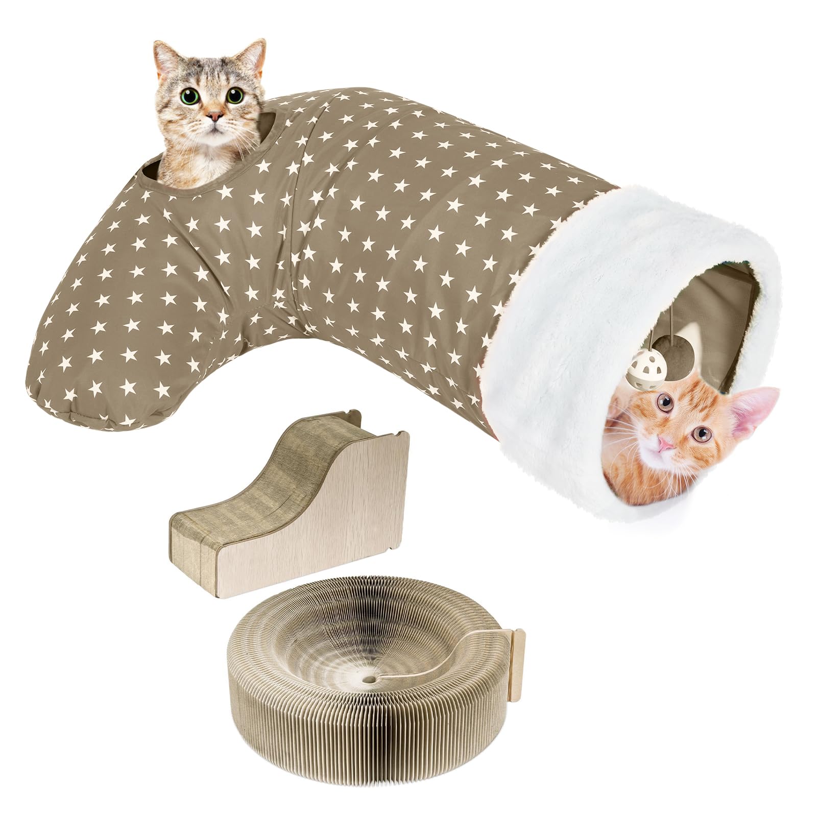 Pawaboo Cat Tunnel Christmas Sock with Bell Balls, Upgraded 2 Way Cat Tunnel Interactive Toy for Christmas, Pet Xmas Stocking for Cat Kitty Kitten, Beige