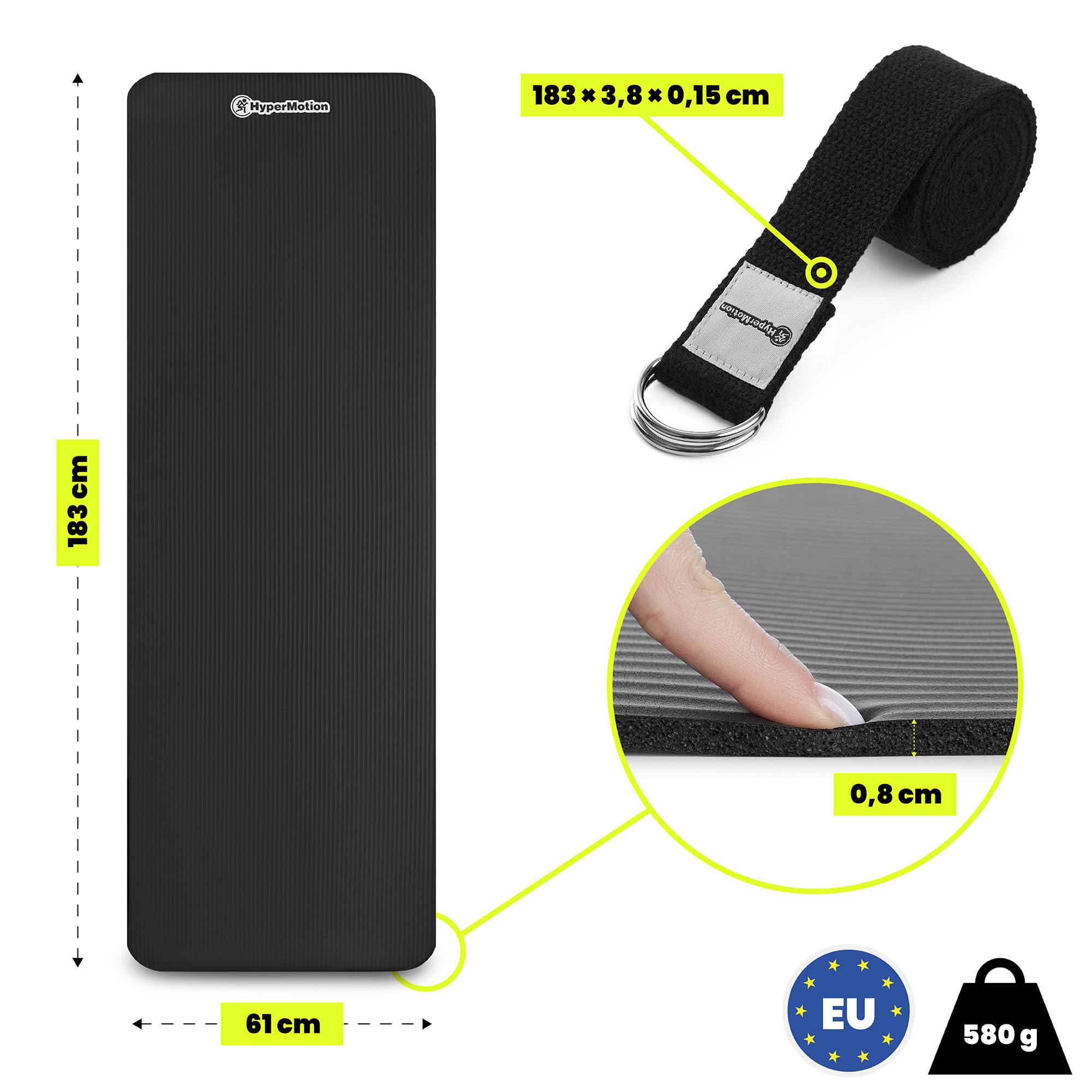 HyperMotion Mata do Ćwiczeń Fitness i Jogi NBR 183x61x0,8 cm Czarna, Antypoślizgowa, 8 mm, z Paskiem do Ćwiczeń i Przenoszenia, do Jogi, Pilatesu i Stretchingu