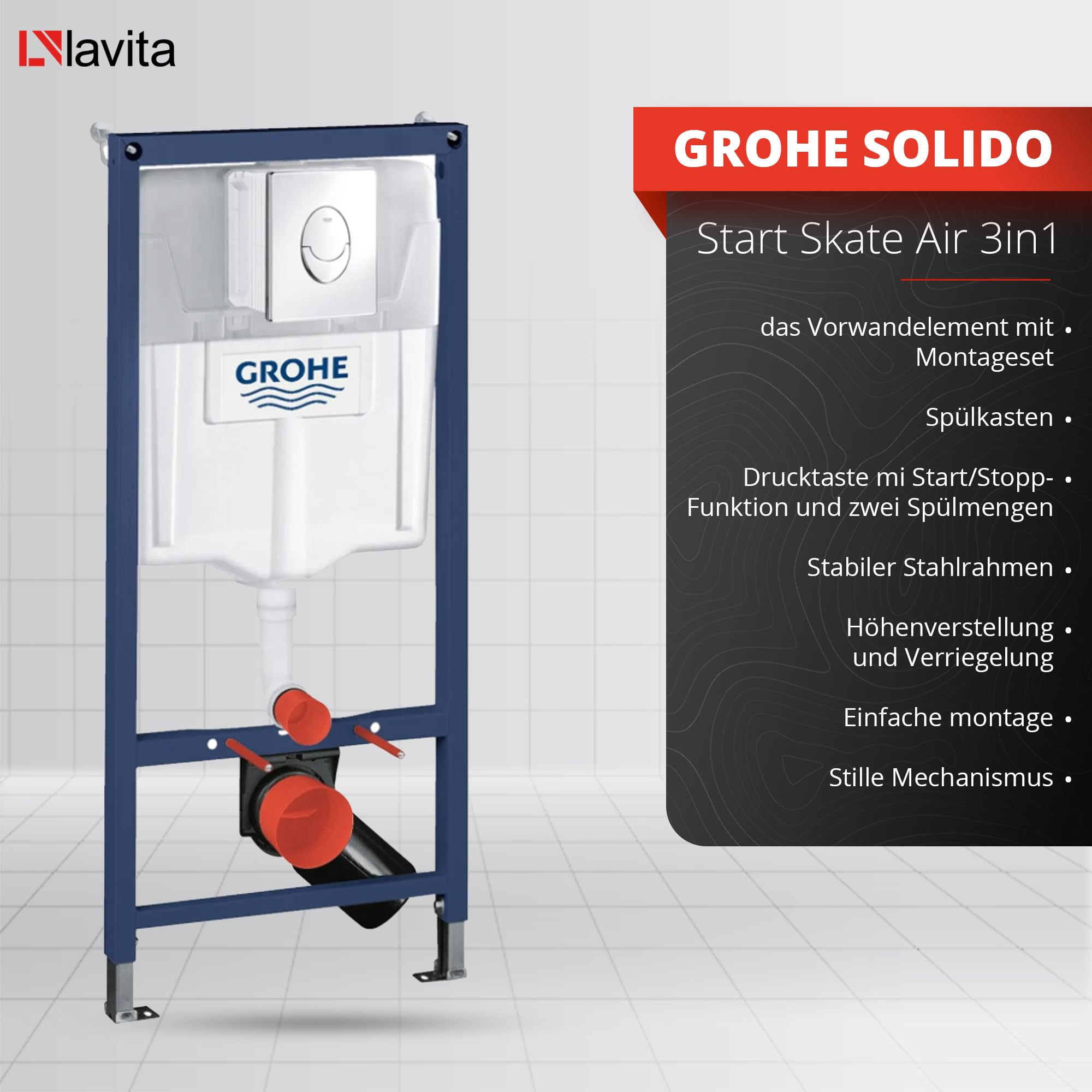 Lavita Vorwandelement Solido Start + Wand Hänge WC Sofi Slim Weiß Spülrandlos + WC Sitz mit Absenkautomatik Verchromter Knopf Komplettset Unterputz Spülkasten Toilette Komplett Sett WC